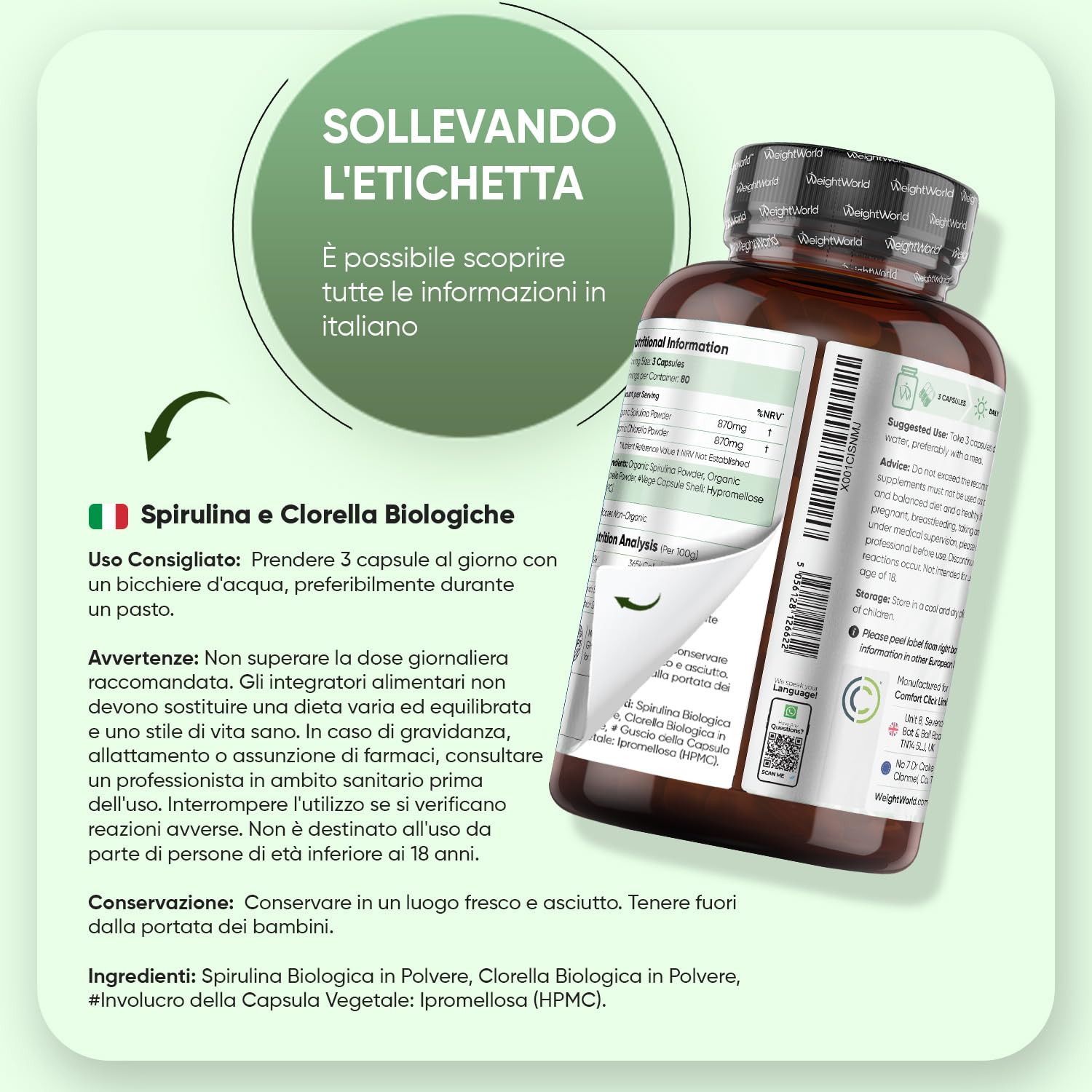 Spirulina e Clorella Biologiche Certificate, 240 Capsule Vegane, Alga Spirulina Bio, Clorella Bio Superfood, Dose da 1740mg per Capsula, Integratore Privo di Glutine e Senza OGM, Prodotto in Europa