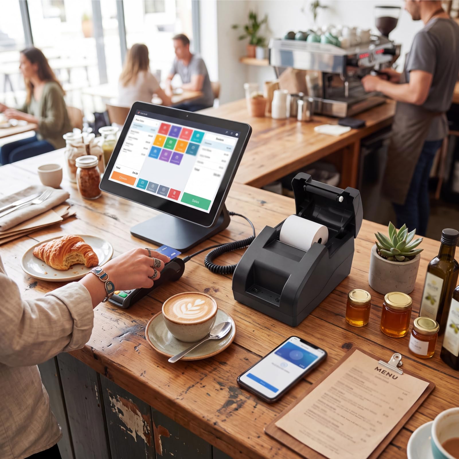 XUMIUZIY Thermo Belegdrucker, 58 Mm, 203 DPI, Hochgeschwindigkeitsdruck, Thermo POS Drucker, USB oder Bluetooth Verbindung, Unterstützt Mehrere Systeme, für Kleine Unternehmen, Büros, (EU-Stecker)