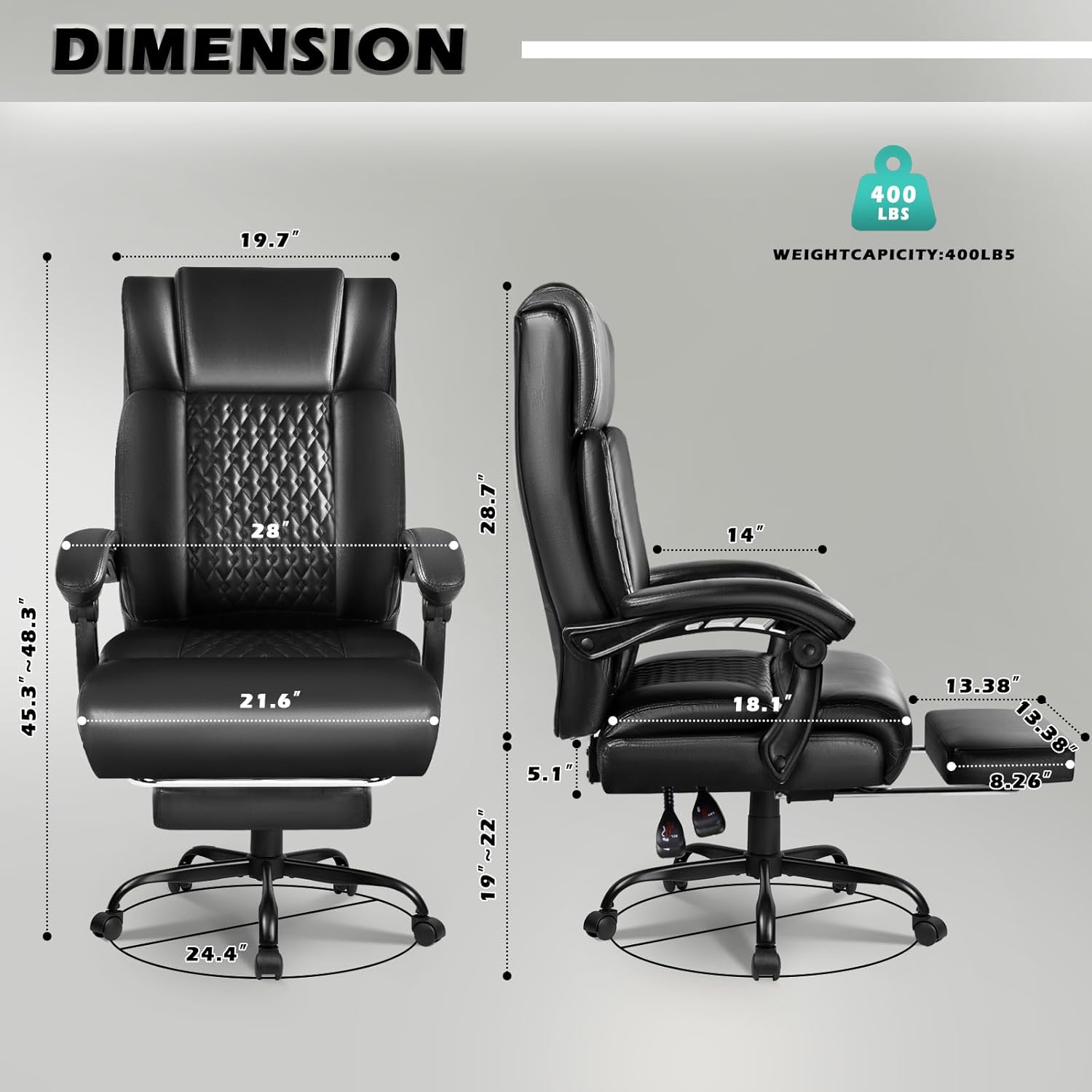 LEMBERI 400lbs Executive Office Chair with Foot Rest, Ergonomic Heavy Duty Big and Tall Desk Chair, High Back PU Leather Comfy Computer Chairs (Black) - Image 3