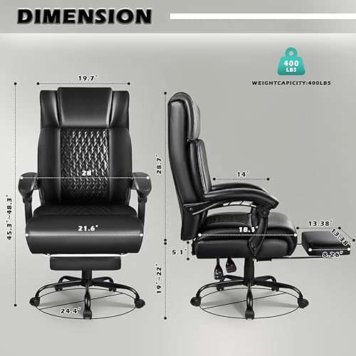 Miniatura 3 de LEMBERI Silla de oficina ejecutiva de 400 libras con reposapiés, silla de escritorio grande y alta resistente, sillas ergonómicas de piel sintética