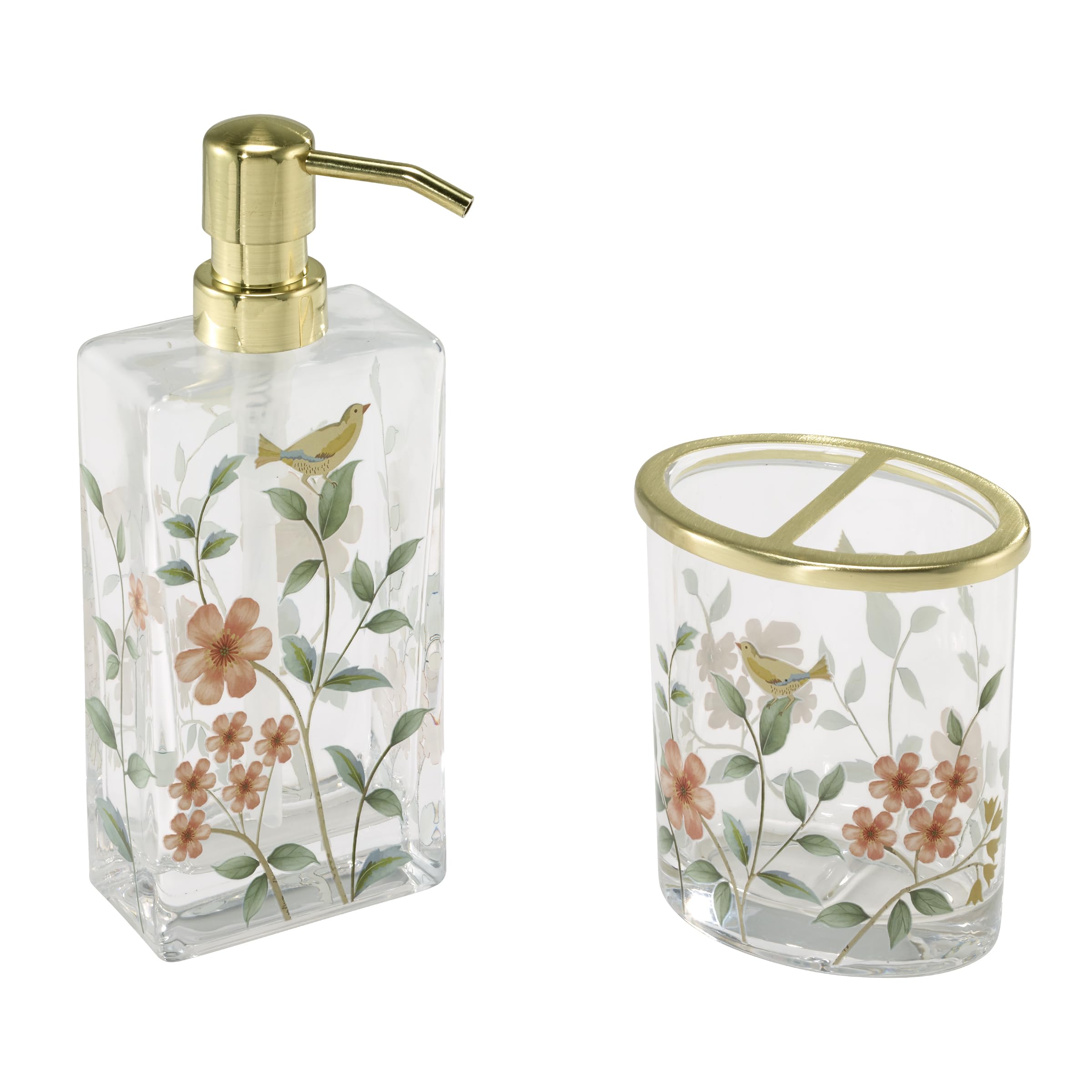 Avanti Linens – Bathroom Accessory Set, Toothbrush Holder Lotion Dispenser, Heavyweight Glass Gold-Tone Accents, Nature-Inspired Home Decor – Perfect for Organizing Bathroom Essentials (Pretty Birds)
