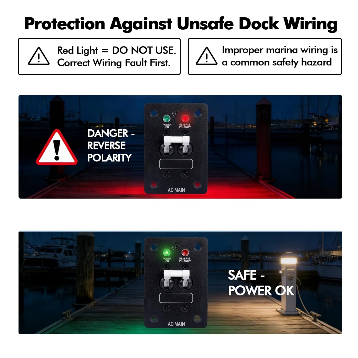 Marine AC Main Panel 120V 30A – Double Pole Main Breaker with Reverse Polarity Indicator, Shore Power Disconnect Panel for Boats & Yachts