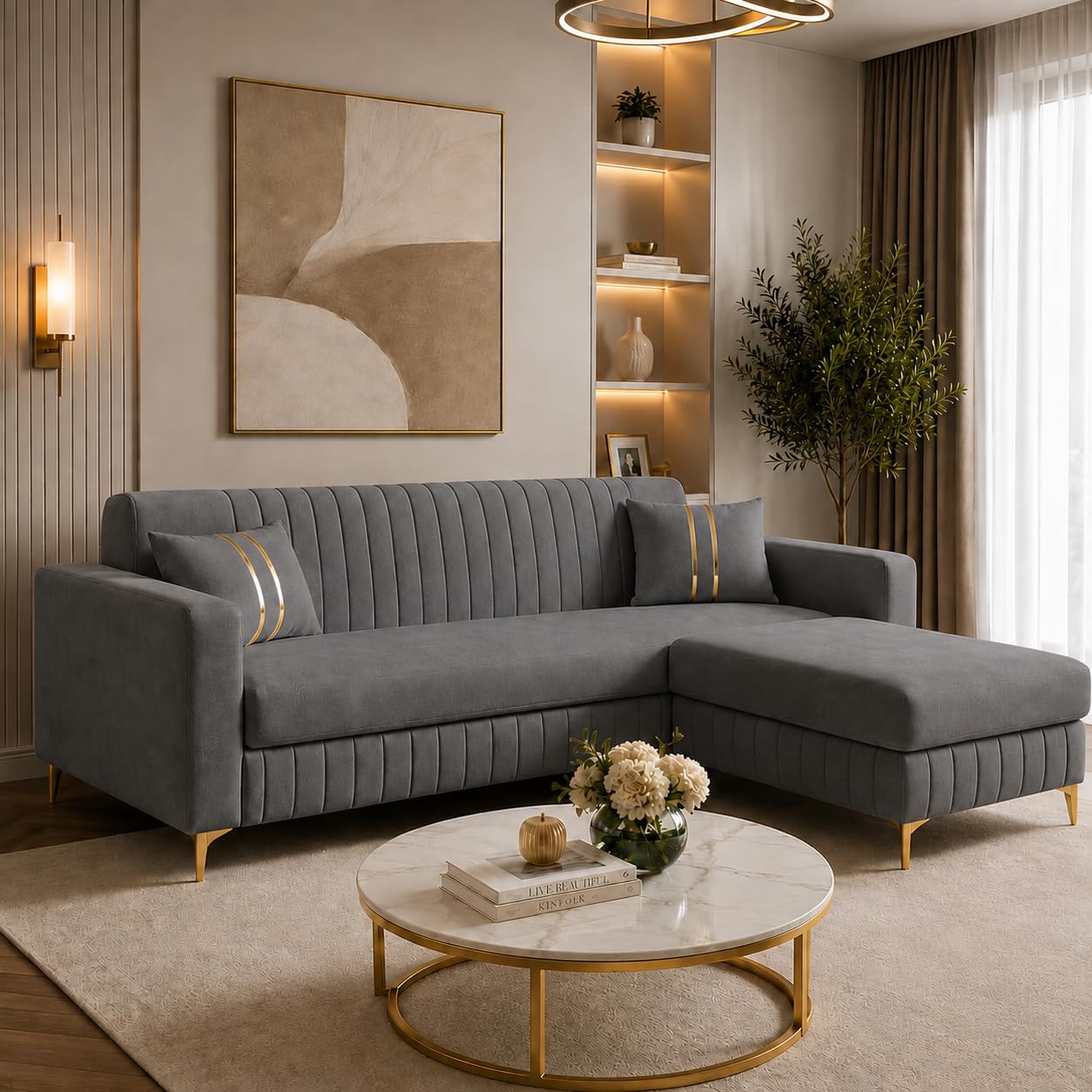 Casaliving Oliveira 4 Seater L Shape Convertible Sofa Set for Living Room, 3 Seater & Ottoman Modular Sectional Couch for Small Space (Dark Grey) Fabric-picture-26
