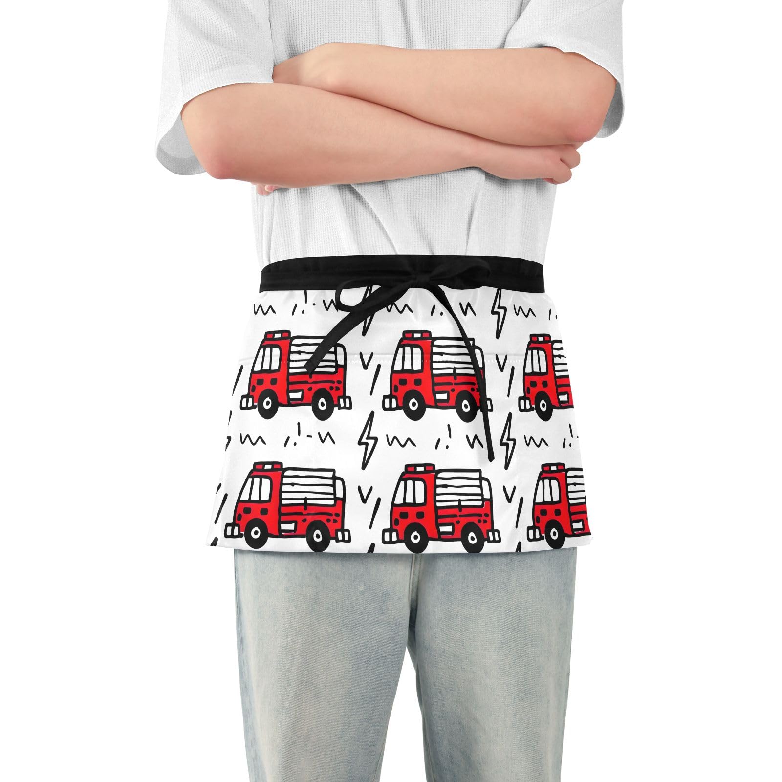 ODAWA Cartoon Fire Trucks Waist Apron Half Apron with Pockets Server Aprons for Waitress