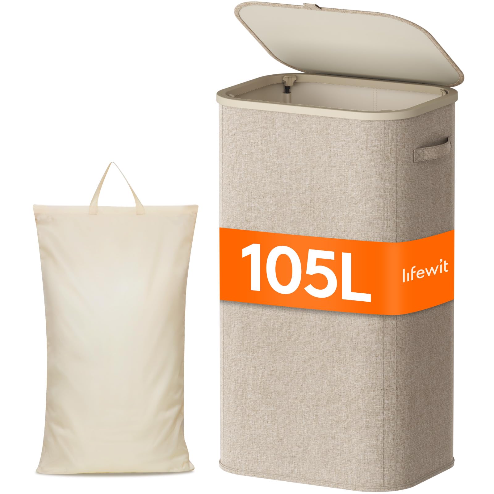 Lifewit Cesto Portabiancheria 105 L, Cesta Panni Sporchi con coperchio, Laundry Basket con Plastica Manici, Porta Biancheria Sporca per Bagno, Lavanderia, Camera da Letto, Beige