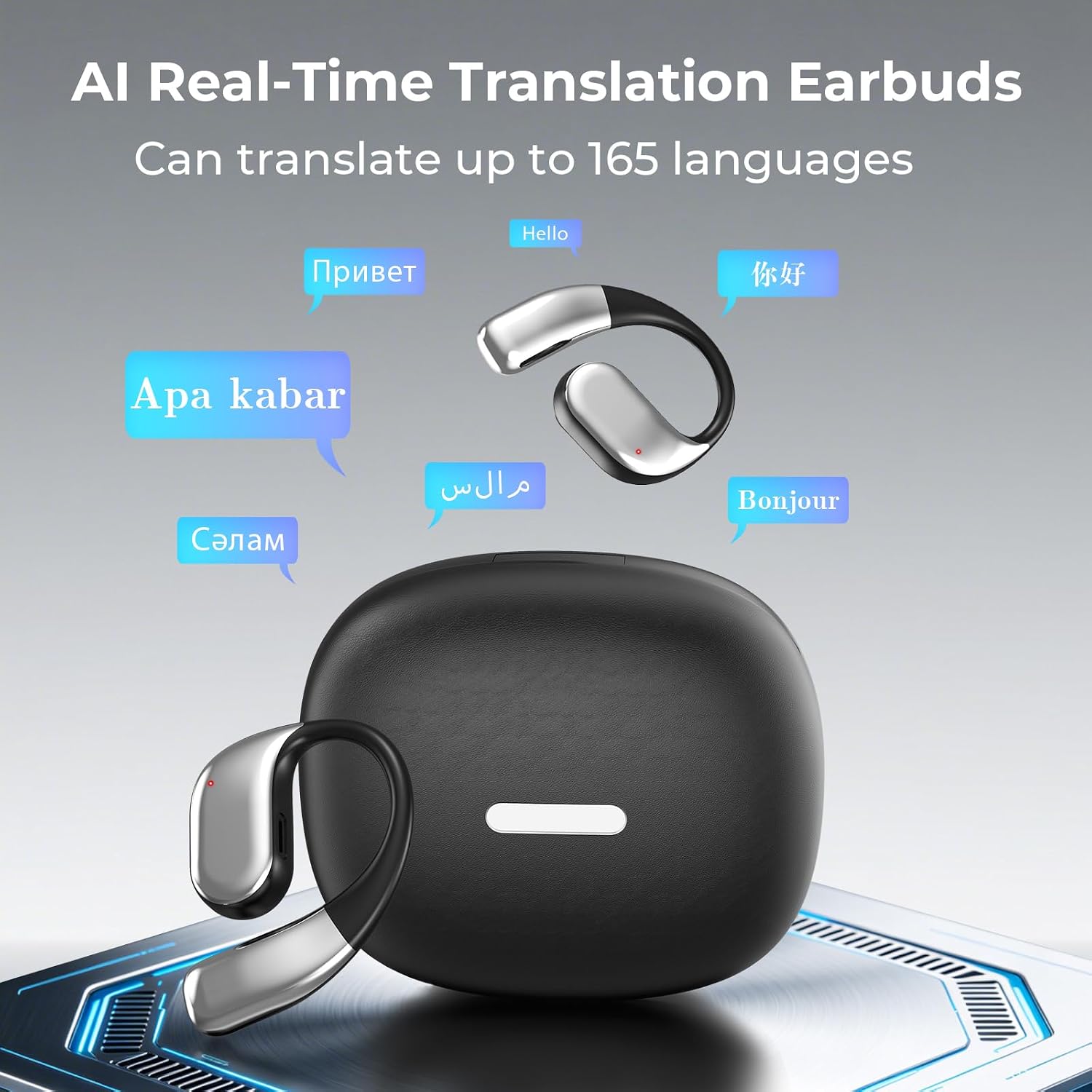 AI Translator Earbuds, 165 Languages Two-Way Real-Time Translation | No Subscription, Bluetooth Open Earbuds with Earhooks, 40H Playtime, IPX5 Waterproof for Travel Business Learning - NE39 (Black)