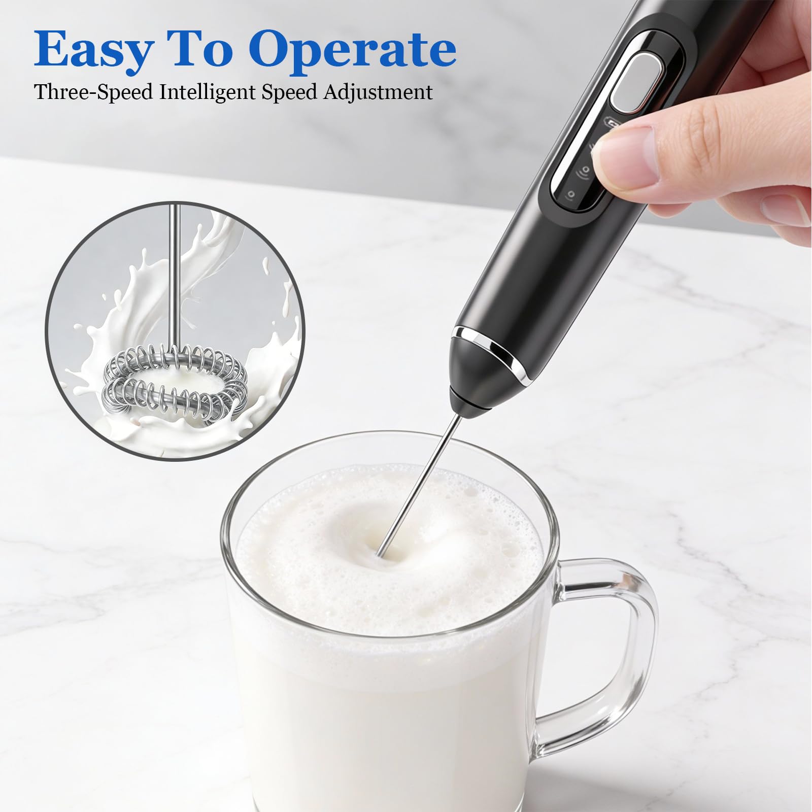 Mousseur à Lait Électrique, USB Rechargeable Mousseur a Lait，Mousseur à Lait en Acier Inoxydable, 2 Vitesses Petit Mixeur pour Café avec 2 têtes Mini Fouet Matcha, Latte, Cappuccino, Matcha - 3