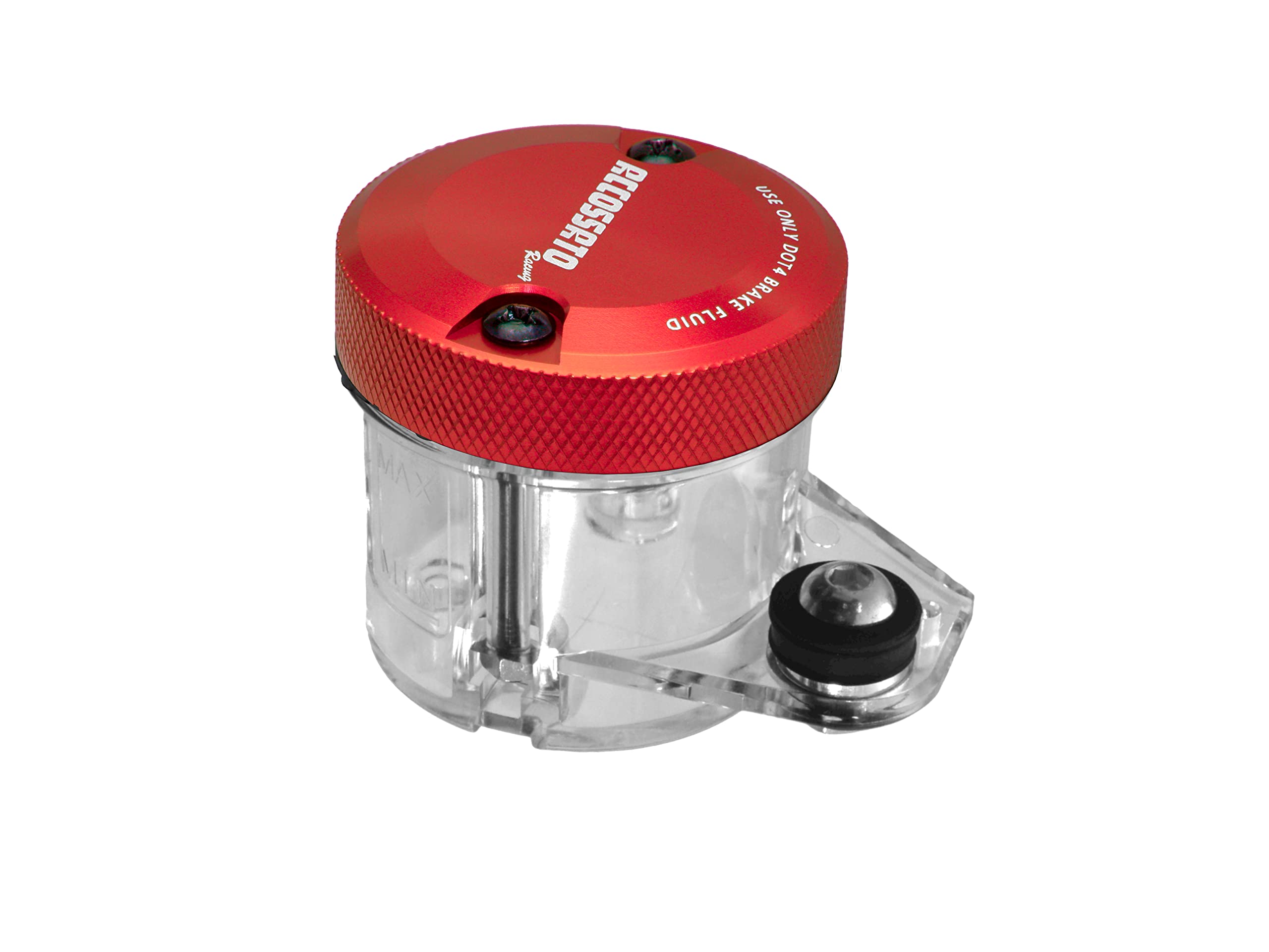 ACCOSSATO Kit di Montaggio vaschetta Olio Freni da 45 ml in plastica Trasparente con Tappo in Alluminio CNC ossidato Rosso e Staffa specifica per Pompe