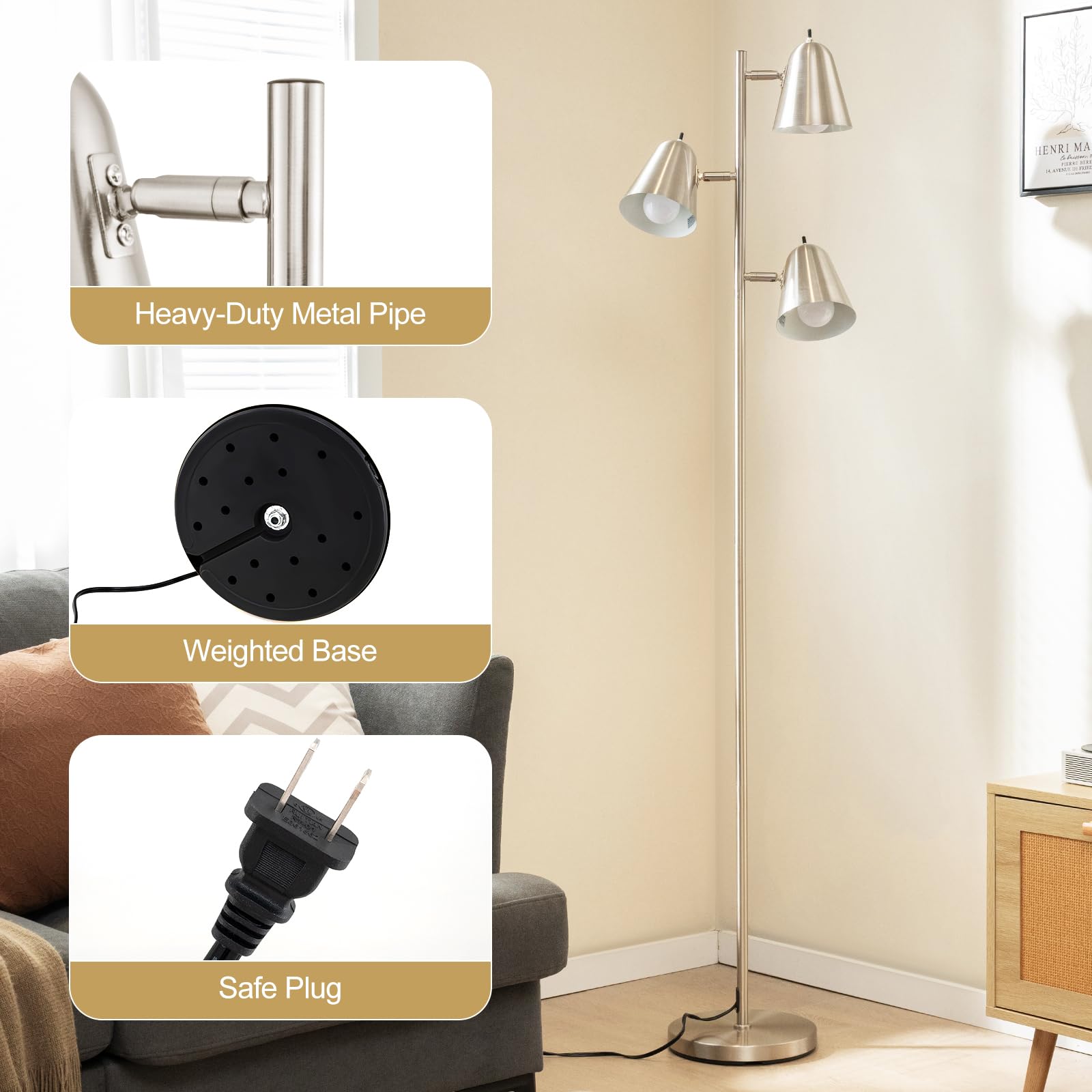 FANTASK 163cm Stehlampe, Lesestehlampe mit 3 E27 Glühbirnen & 360° verstellbaren Lampenschirmen & schwerer Fuß, Retro Stehlampen für Wohnzimmer, Schlafzimmer, Büro (Silber)