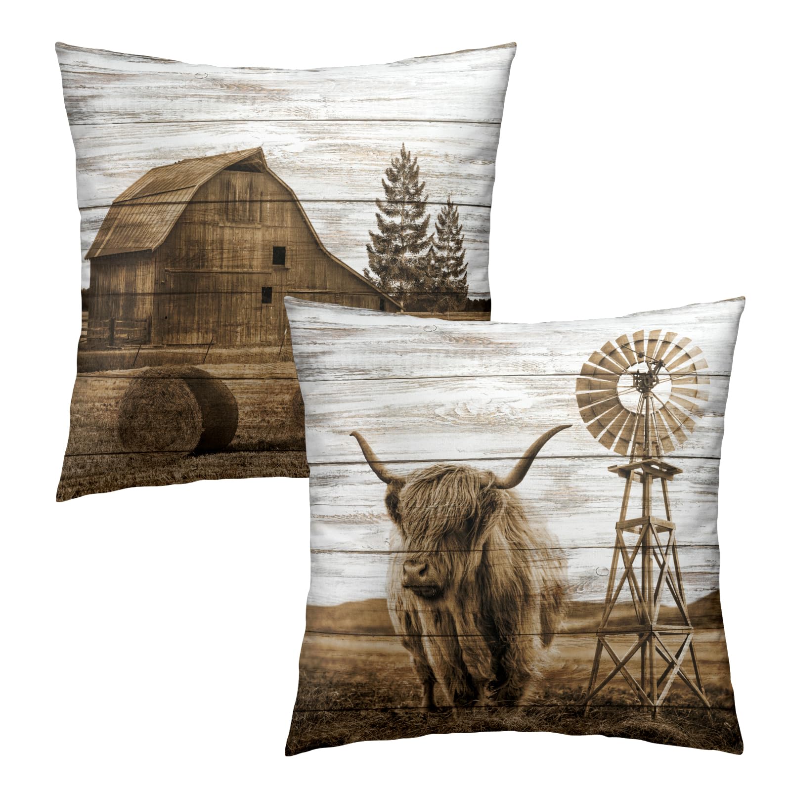 Giwawa Highland Cow Throw Pillow Covers 18X18 Inch Set of 2 Rustic Barn Decorative Square Cushion Case for Couch Sofa Bed Bedroom Living Room