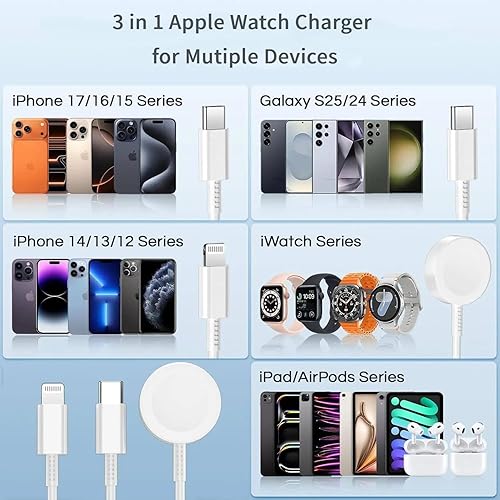 Miniatura 5 de Cable de carga Apple Watch 3 en 1, cable de carga magnético rápido de 1.8 m iWatch/USBC/Lightning a USB C y bloque de pared tipo C para iWatch