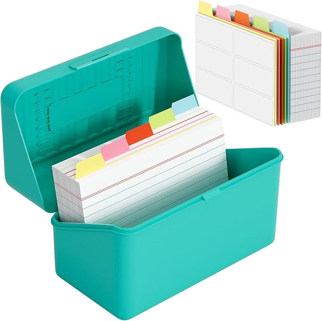 MaxGear Index Card Holder Set, 3x5 Index Card Organizer with Dividers, Plastic Index Card Box for Flash Cards, Note Cards, Recipe Cards, 5 Color Index Cards, 100 Ruled Cards, 300 Card Capacity , Teal