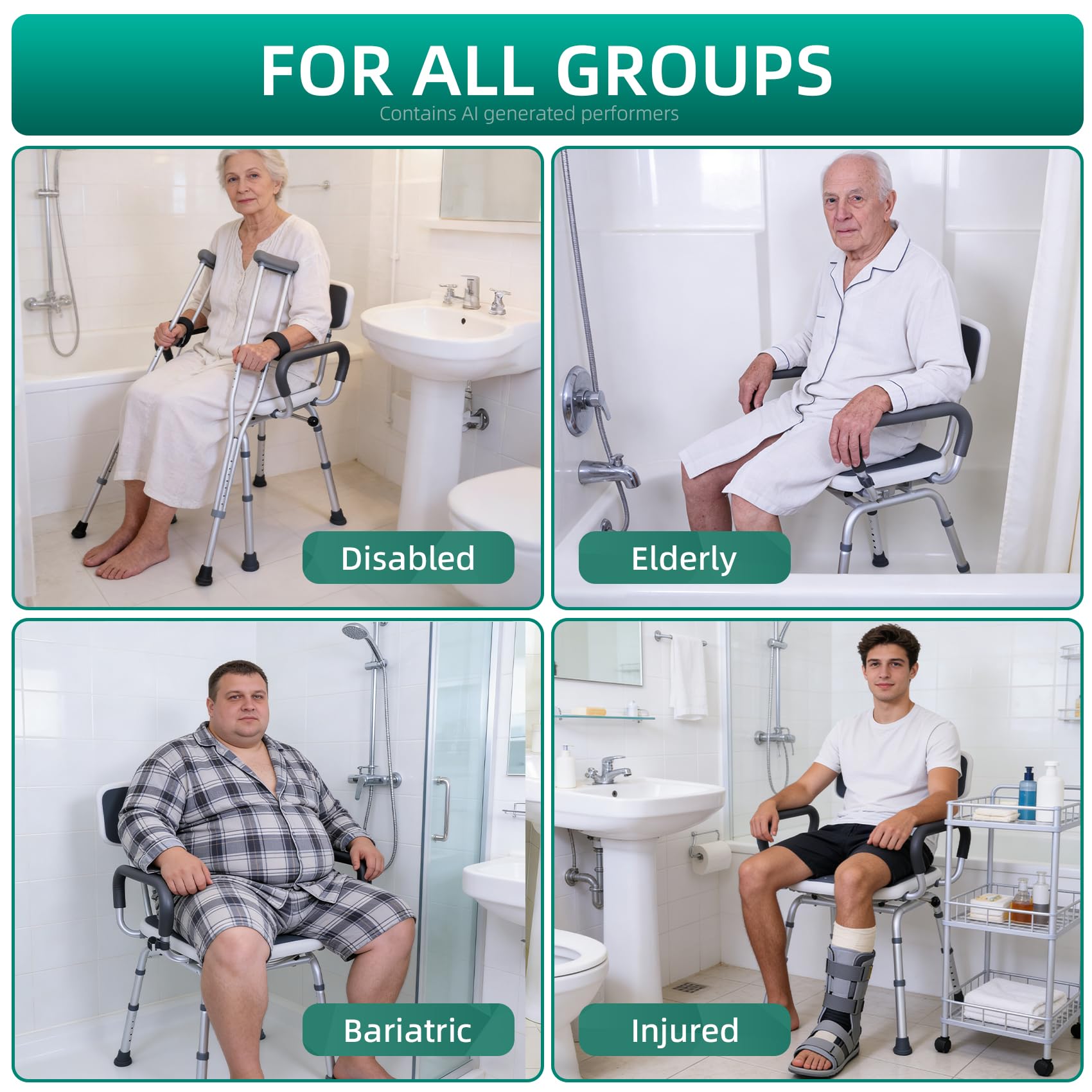 Silla de ducha giratoria con brazos y respaldo, silla de ducha resistente de 400 libras para ancianos y discapacitados, taburete de ducha ajustable en altura para ducha interior, asiento de banco de