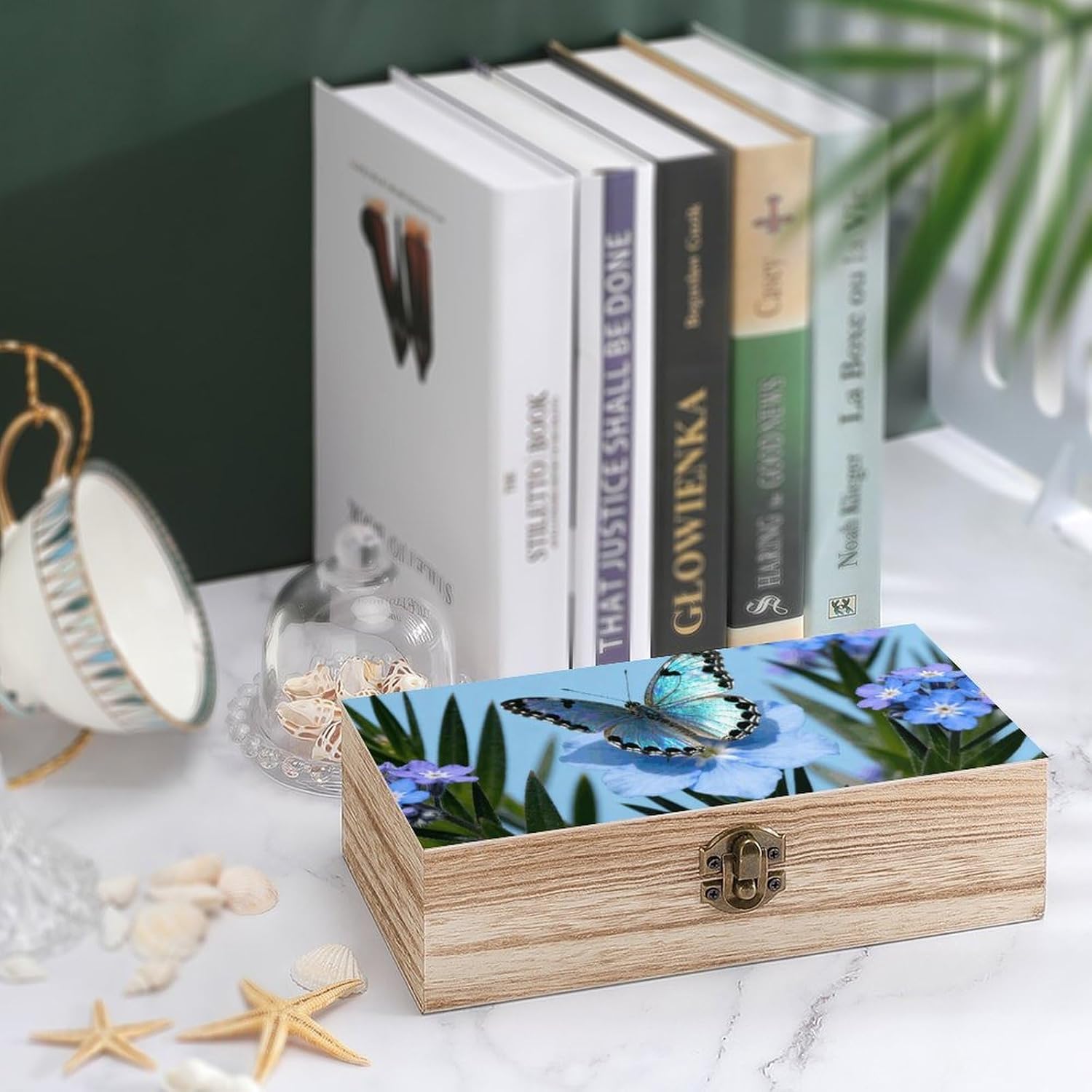 Vintage Wooden Storage Box with Hinged Lid, Peacock Butterfly image 4