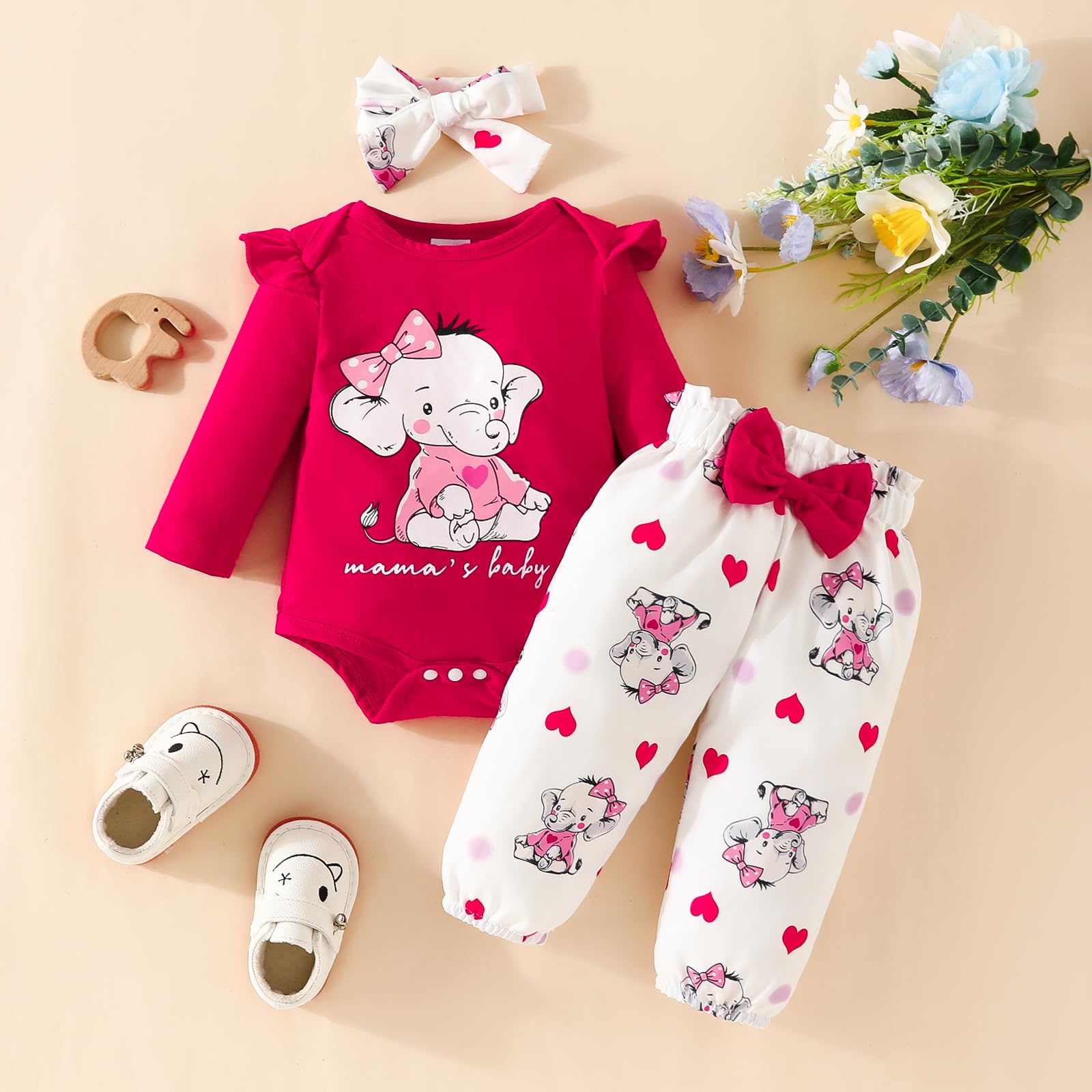 Newborn Baby Girls Valentine's Day Outfits Ruffle Long Sleeve Romper Top Flower Pants Headband 3PCS Toddler Clothes (C Red, 12-18 Months)