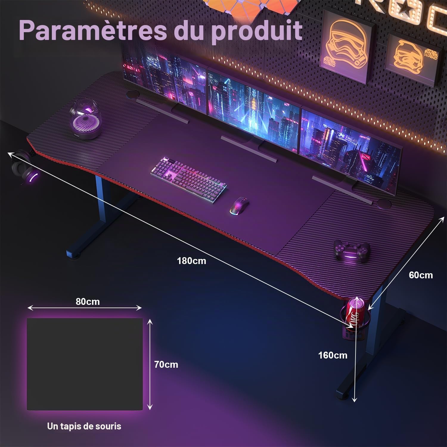 JUMMICO Bureau Gaming 180x60cm, Porte-Gobelet & Casque, Ergonomique, Noir