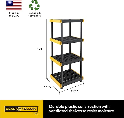 Miniatura 3 de BLACK & YELLOW 4-Tier Heavy Duty Plastic Storage Shelving Unit, 100lbsshelf (55H x 24W x 20D), for IndoorOutdoor Organization, Modular Rack,