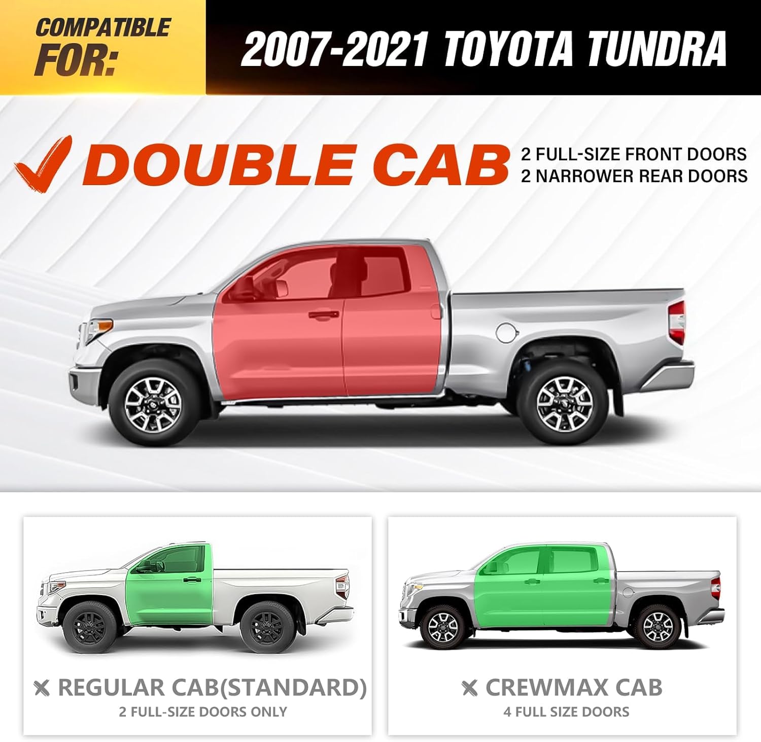 Three Raised Steps Running Boards Compatible with 2007-2021 Toyota Tundra DoubleCab (2 Half-Size Rear Doors) Side Steps Double Cab, Two Stair Design Style Black Truck Side Rails Nerf Bars