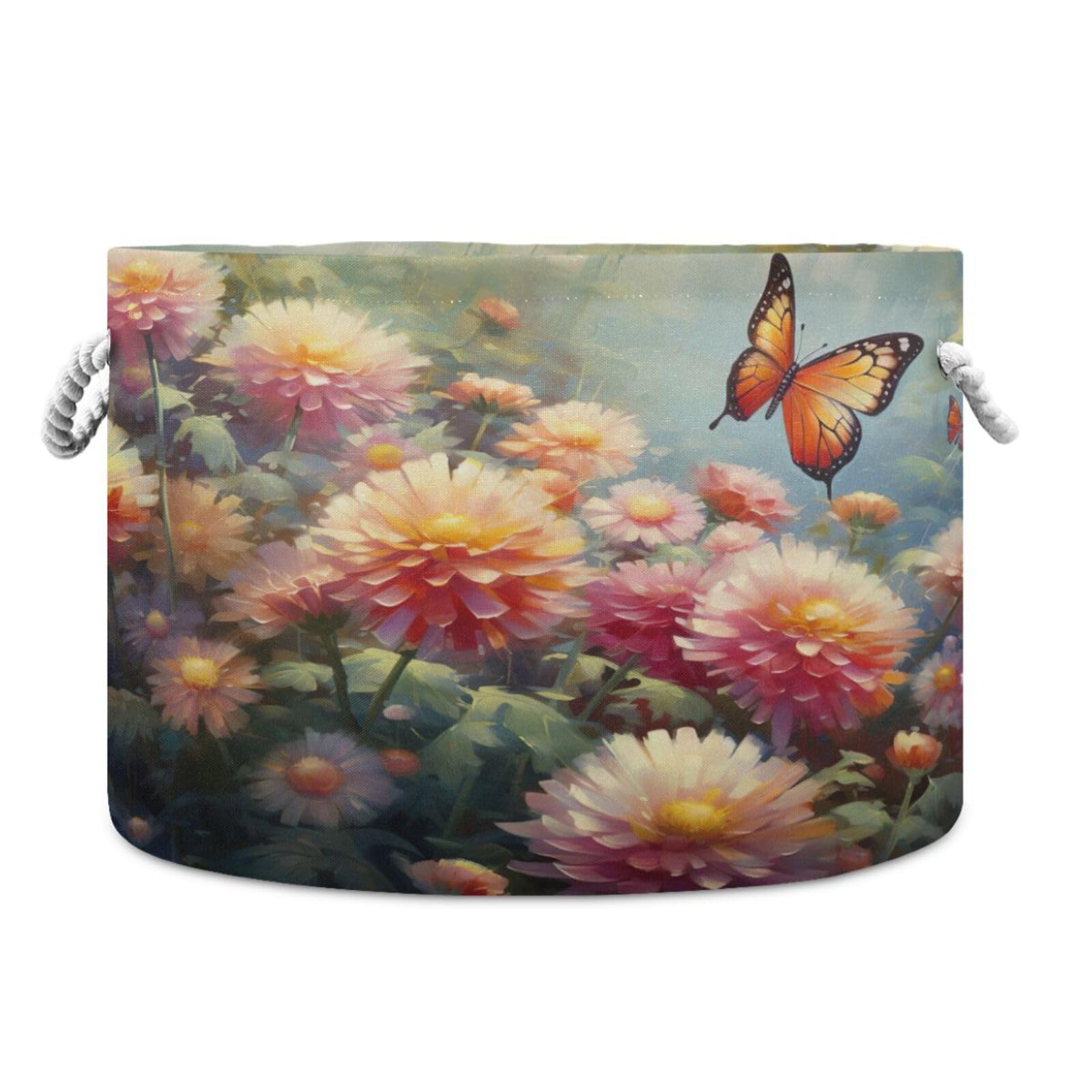 Round 7butterfly Chrysanthemums Spring Storage Basket Large Organizer Bin Laundry Hamper Toy Storage Basket with Handle for Nursery Clothes Toys 202b396