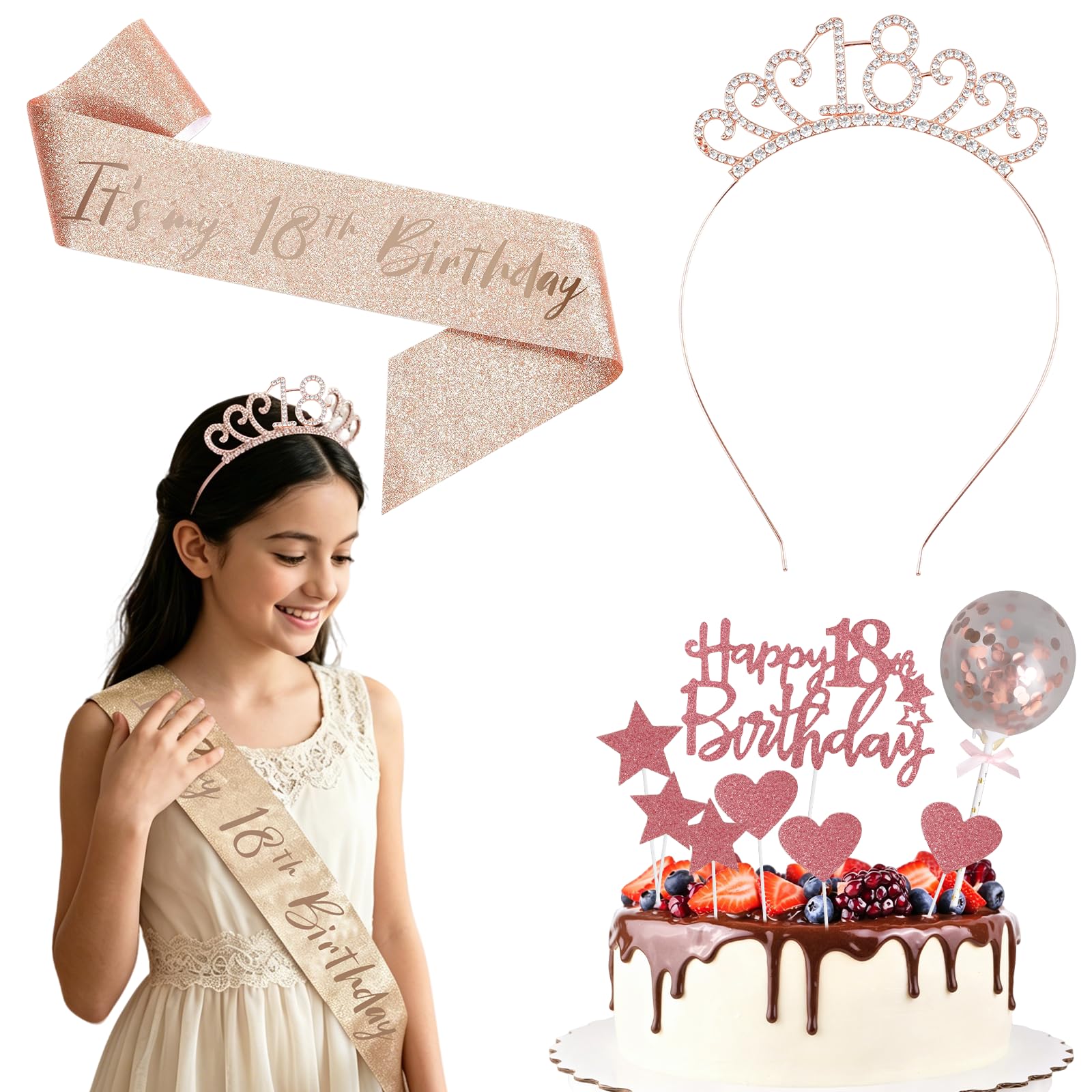18th Birthday Gifts for Girls, 18th Birthday Decorations Girls, It's my 18th Birthday Sash and Tiara, Glitter Rose Gold Cake Topper for Party Decor โ image 1