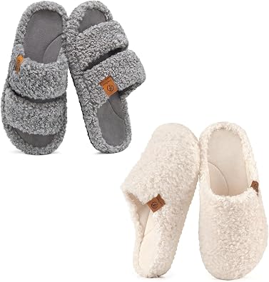 EverFoams Womens Fuzzy Slippers - Open Toe & Clog Styles, Soft Memory Foam Slip-On Comfort for Indoor Outdoor