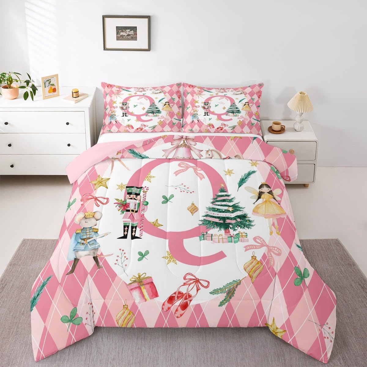 Feelyou Pink Christmas Bedding Set Soft for Boys Girls, Nutcracker Ballet Christmas Tree Comforter Set Twin Size Initial Letter Duvet Quilt Bow Xmas Bedroom Decor 2 Pcs with 1 Pillow Cases