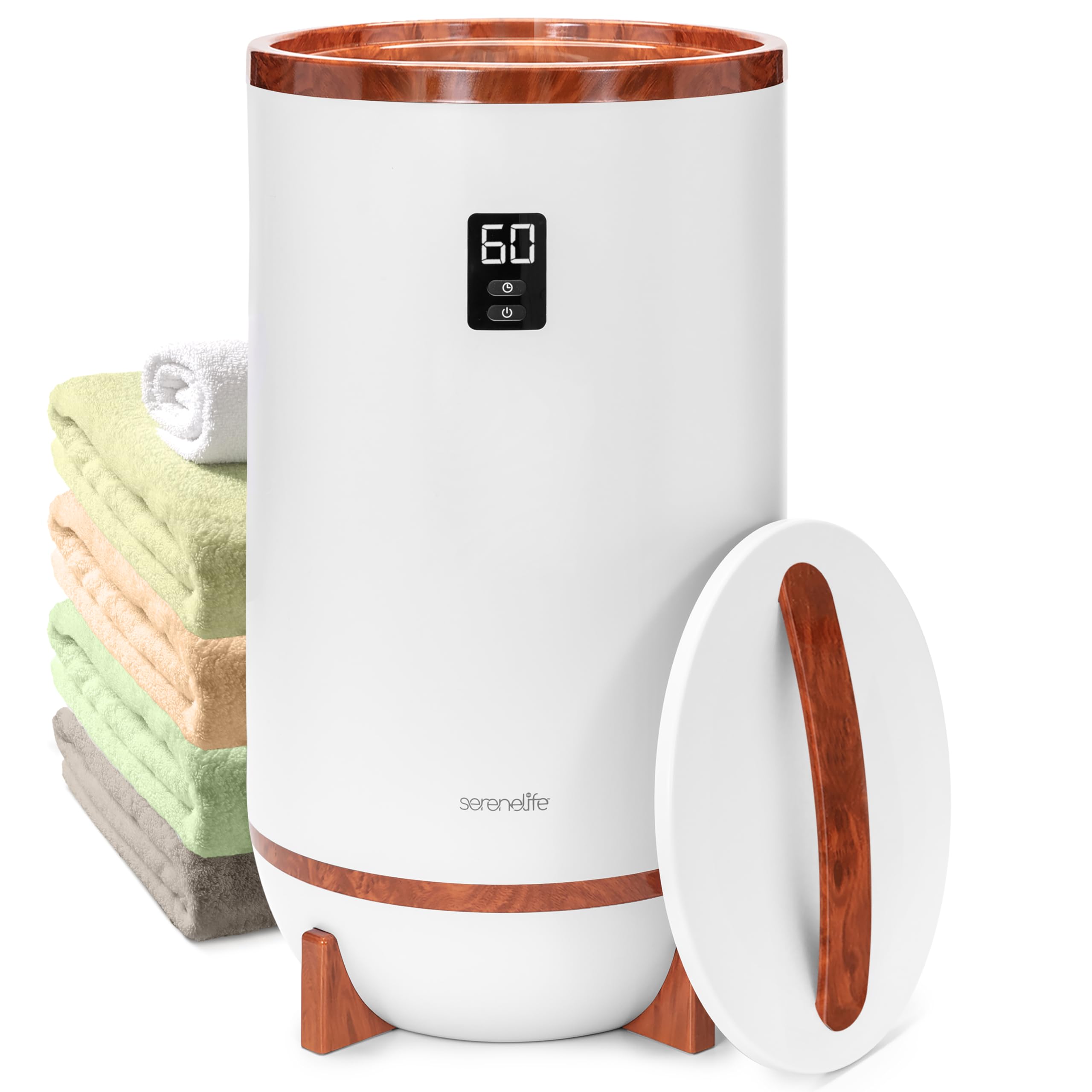 SereneLife Hot Towel Warmer Bucket w/ Customized Fragrance for Bathroom and Spa, Luxury Towel Heater Gift for Him or Her, Auto Shut Off, LED Display, Fits 2 Large Towels, Blankets, Bathrobes - Cherry