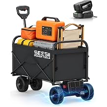 SEESII Electric Wagon Cart with 2 x 4.0Ah Batteries, 330Lbs | Stepless Variable Speed Collapsible Wagon, Heavy Duty Folding Cart with Multi-Terrain Wheels for Camp Garden Grocery & Sport