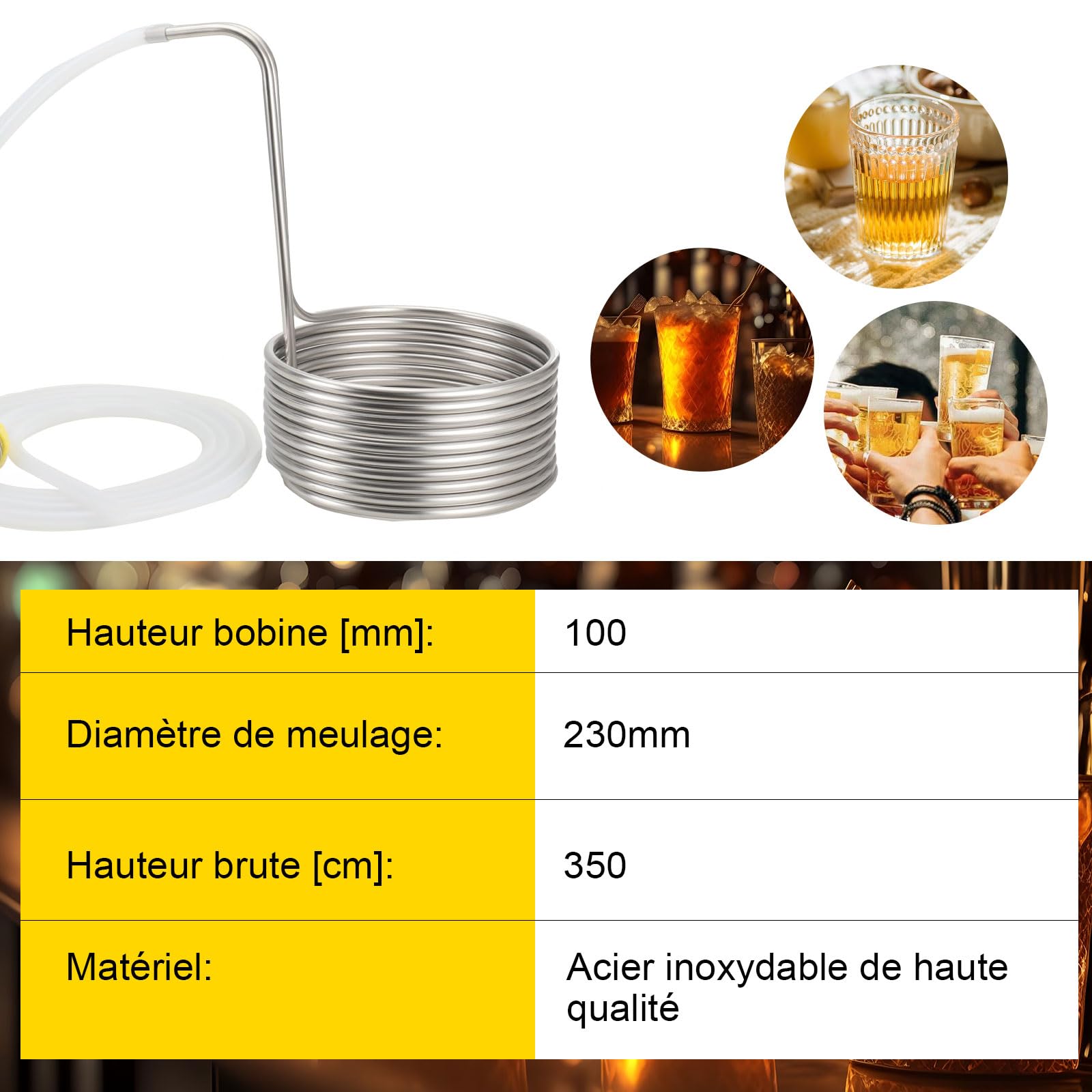 Refroidisseur de Moût, Refroidisseur à Immersion Spirale de Refroidissement à Eau de Refroidissement de Bière, en Acier Inoxydable en Spirale, Comprenant 2 tuyaux, Argent