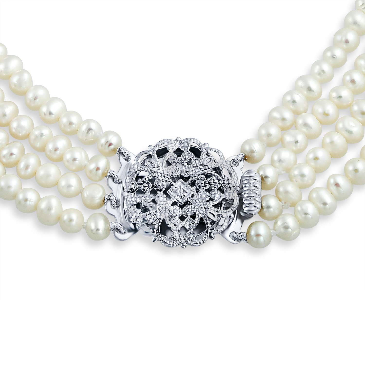 Antico Vintage Art Deco Style Ampia Dichiarazione Nuziale Quattro Multi Filo Bianco D'Acqua Dolce Coltivato Collana Di Perle Per Le Donne, Matrimonio Floreale Chiusura Placcato In Argento
