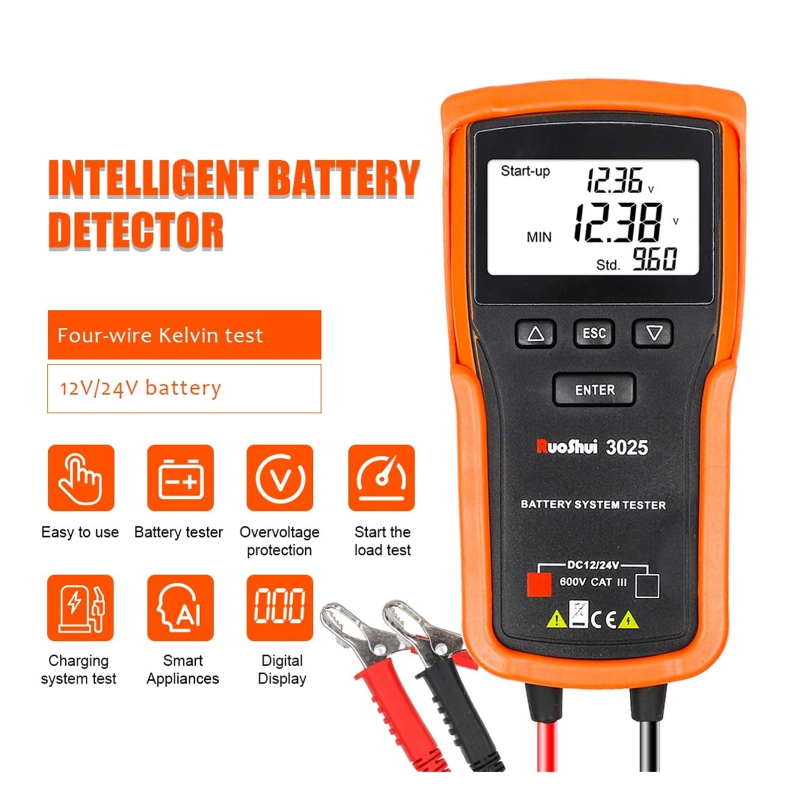 Tester Batteria Auto, 3025 Tester for batteria 12V/24V Analizzatore di for auto e moto, carica rapida CCA, strumenti di prova for la riparaze di auto