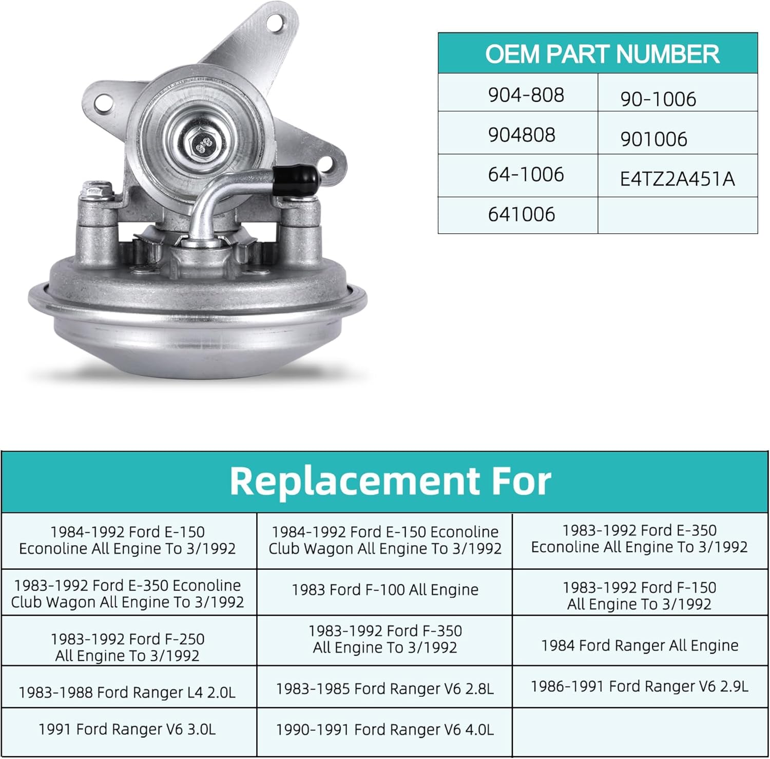 E4TZ2A451A 904-808 Vacuum Pump for Ford 1983-1992 E150 E350 Econoline Club Wagon F100 F150 F250 F350 Ranger 2.0L 2.8L 2.9L 3.0L 4.0L