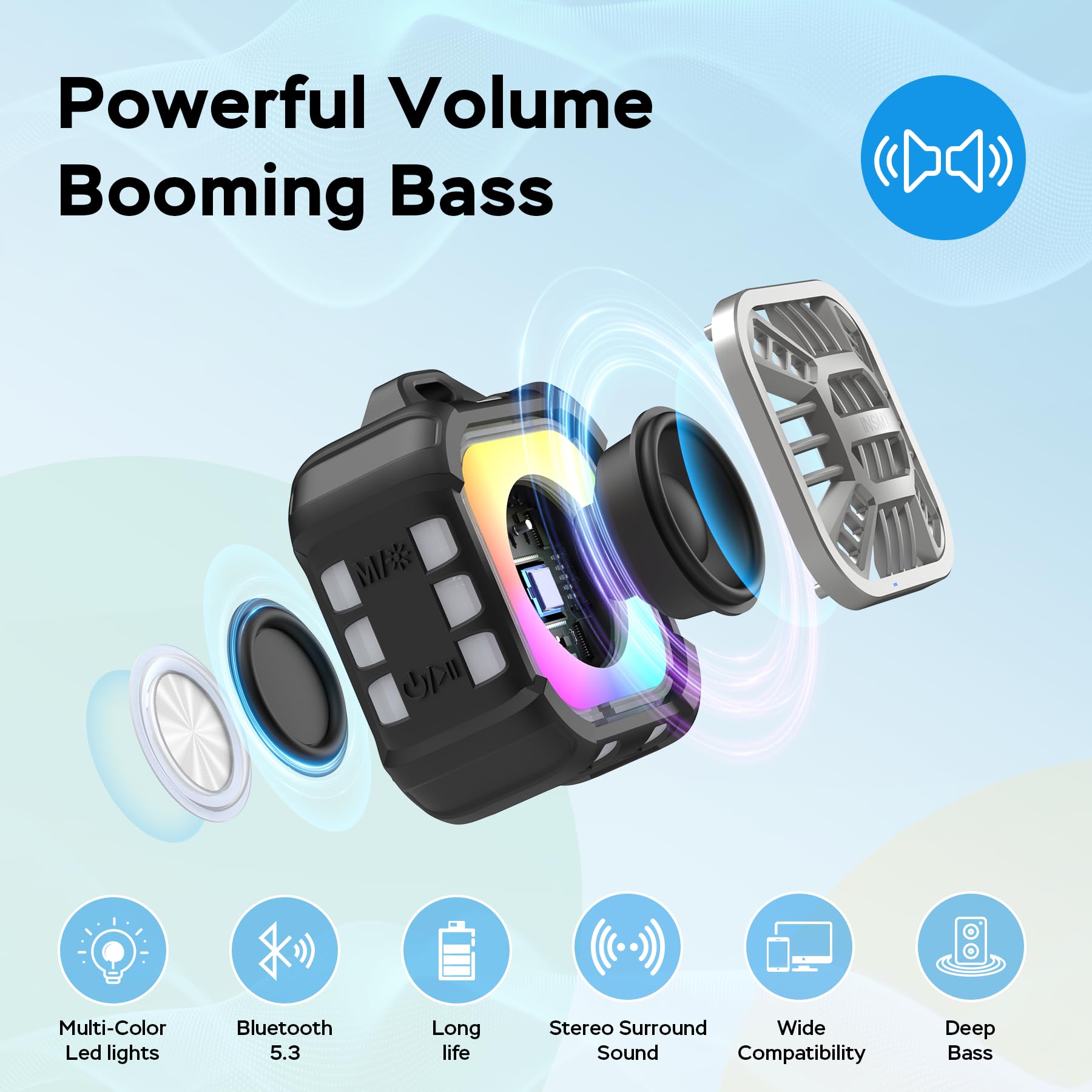 INSMY Altoparlante Bluetooth, impermeabile IPX7, portatile, altoparlante per doccia, sincronizzazione wireless 100+ altoparlanti, bassi potenti volumi, 24 ore di riproduzione/galleggiante/luci RGB