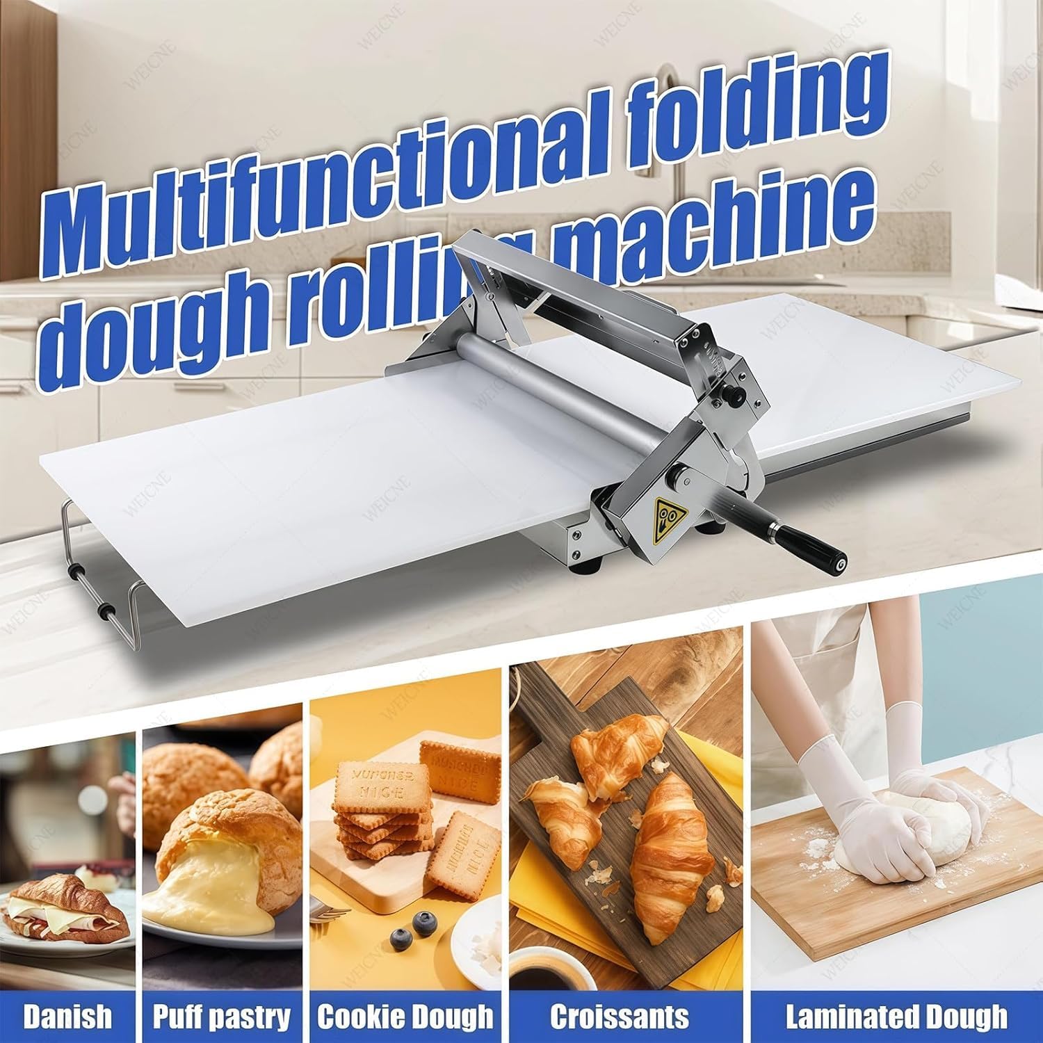 Máquina de rodillo de masa, tabla laminadora plegable manual para panadería y pizza, máquina laminadora de hojaldre de manivela, grosor ajustable de 0 a 27 mm