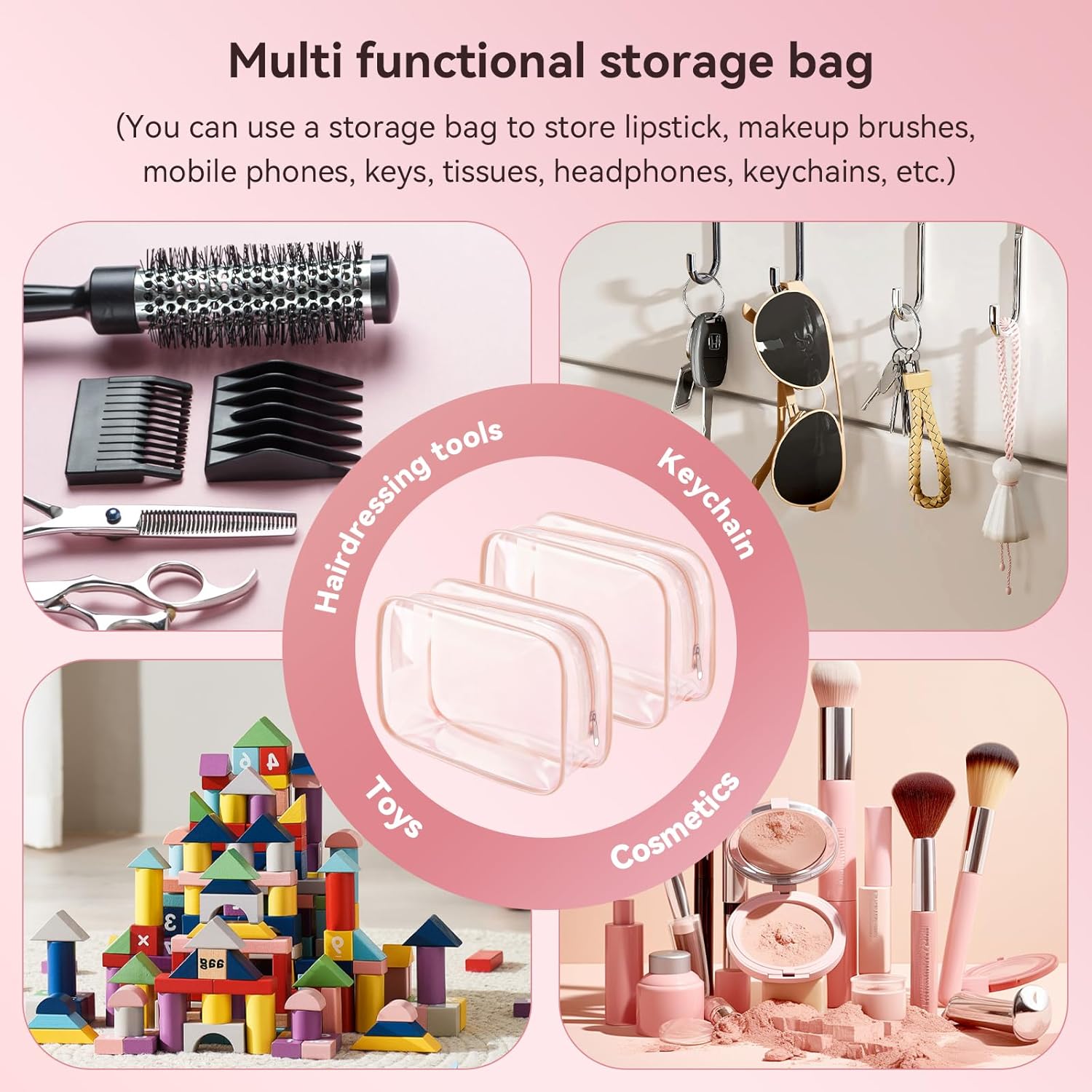VZZNN 36 Pack Clear Makeup Bag Bulk Clear Makeup Bags with Zipper, PVC Waterproof Cosmetic Organizer Case for Makeup Artists, for Travel, Pouches for Skin Care Products, Brushes, Tools, Pink