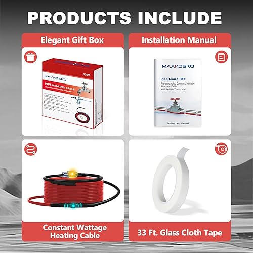 Miniatura 8 de MAXKOSKO Cable de calor de tubería para protección contra congelación de tuberías de agua, cinta de calor de potencia constante con termostato para