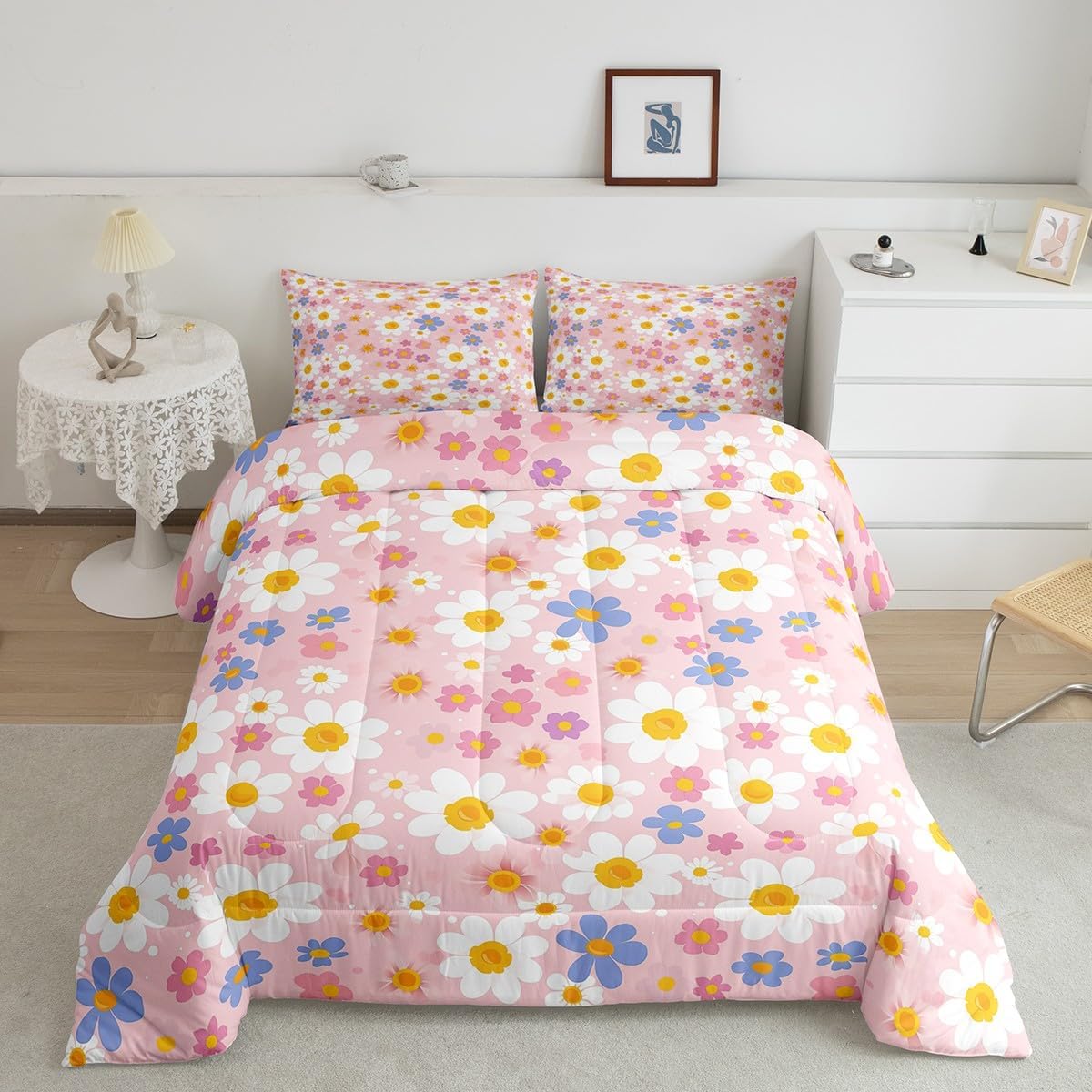Feelyou Blossom Flowers Bedding Set Twin Size Daisy Comforter Set for Kids Boys Girls Decor Botanical Floral Comforter Microfiber Garden Plants Duvet Set Bedroom Quilt Set