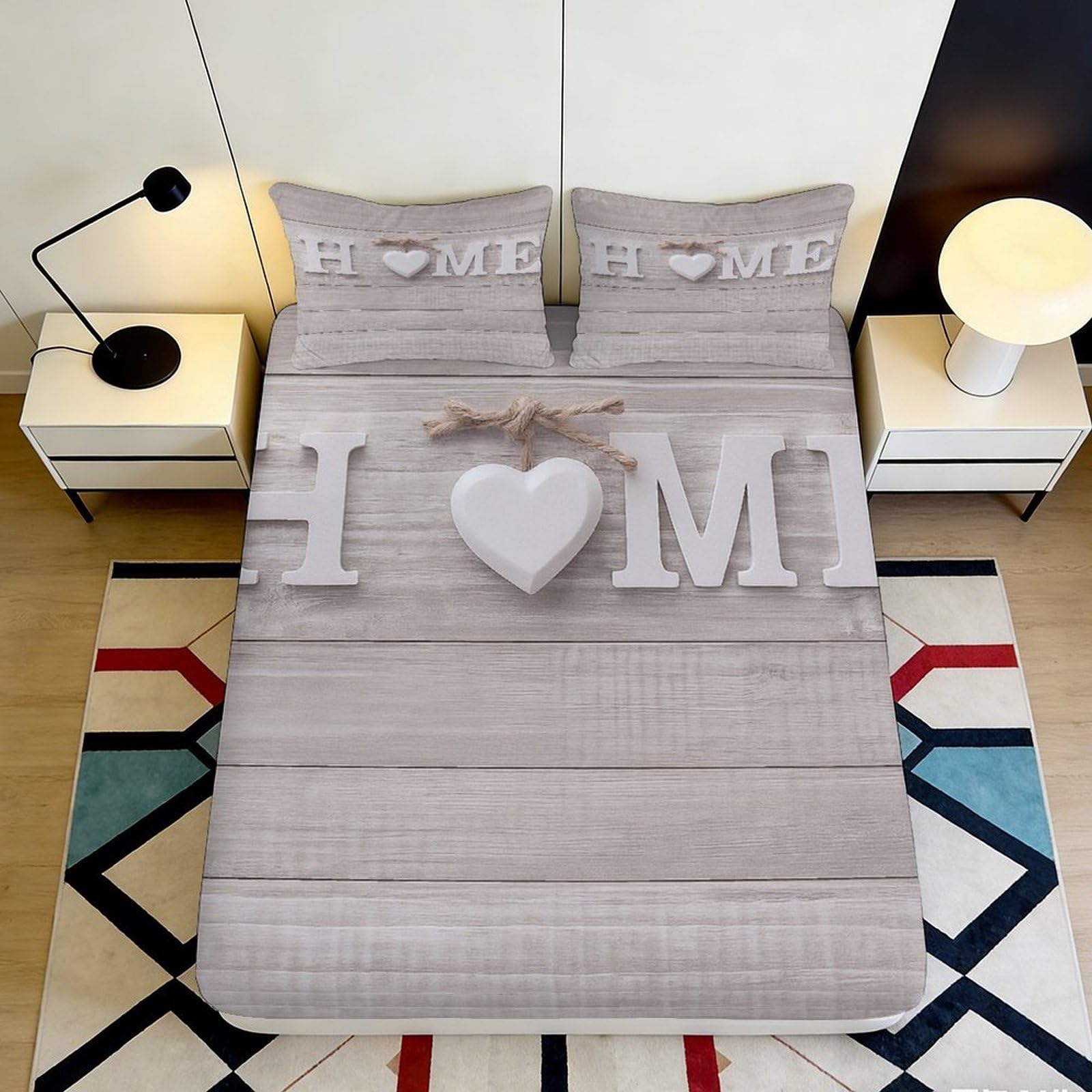 3D Printed Wooden Board Heart Fitted Sheet Microfiber Non Slip Home Letter Mattress Cover Bedroom Decor 120x200cm 90x200x25cm
