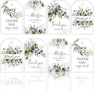 Whaline 100Pcs Thank You Gift Tags Greenery Plant Paper Tags Spring Green Thank You Very Much Tags with 98.4ft Hemp Rope for Wedding Baby Shower Bridal Shower Birthday Party Favor Decor, 4 Design