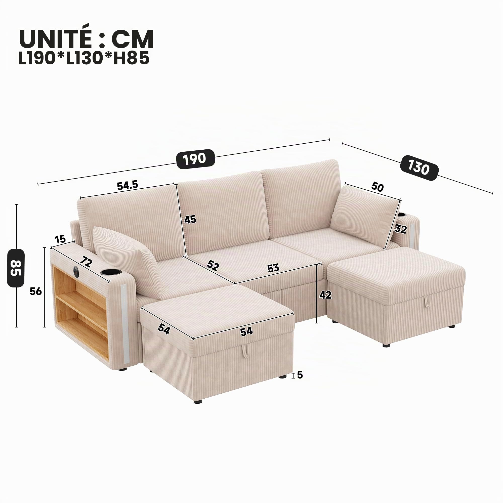 Canapé d'angle Convertible, Canapé Modulable 3 Places avec 2 Poufs de Rangement et Éclairage LED, Canapé en U avec Ports USB/Type-C et Porte-Gobelets, Velours Côtelé, pour Salon, 190x130x85 cm, Beige