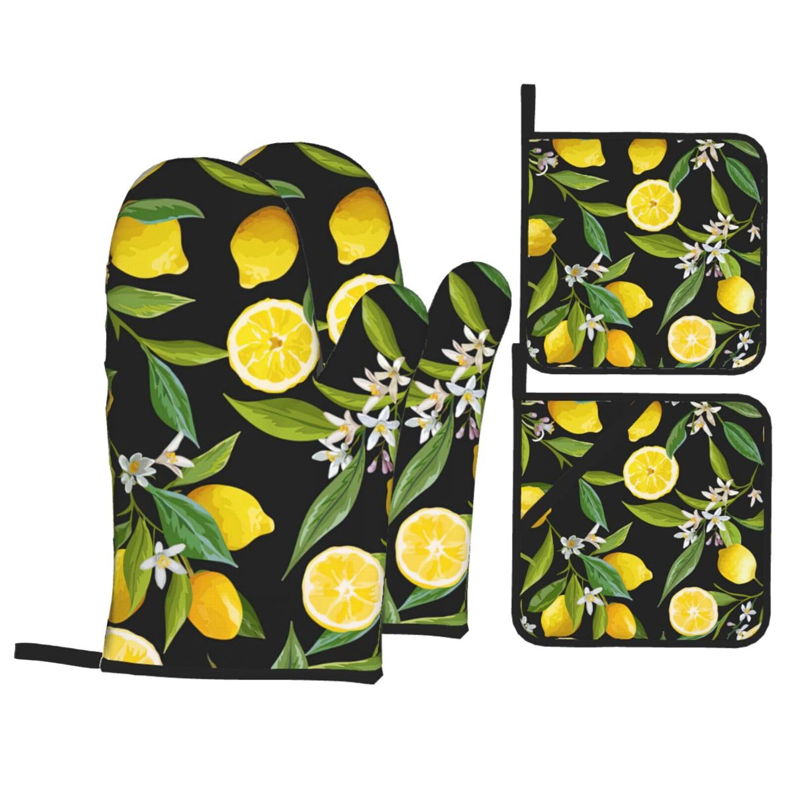 Yellow Lemon Print 4-Piece Oven Microwaving Set Waterproof Kitchen Gloves for Baking Grilling Cooking