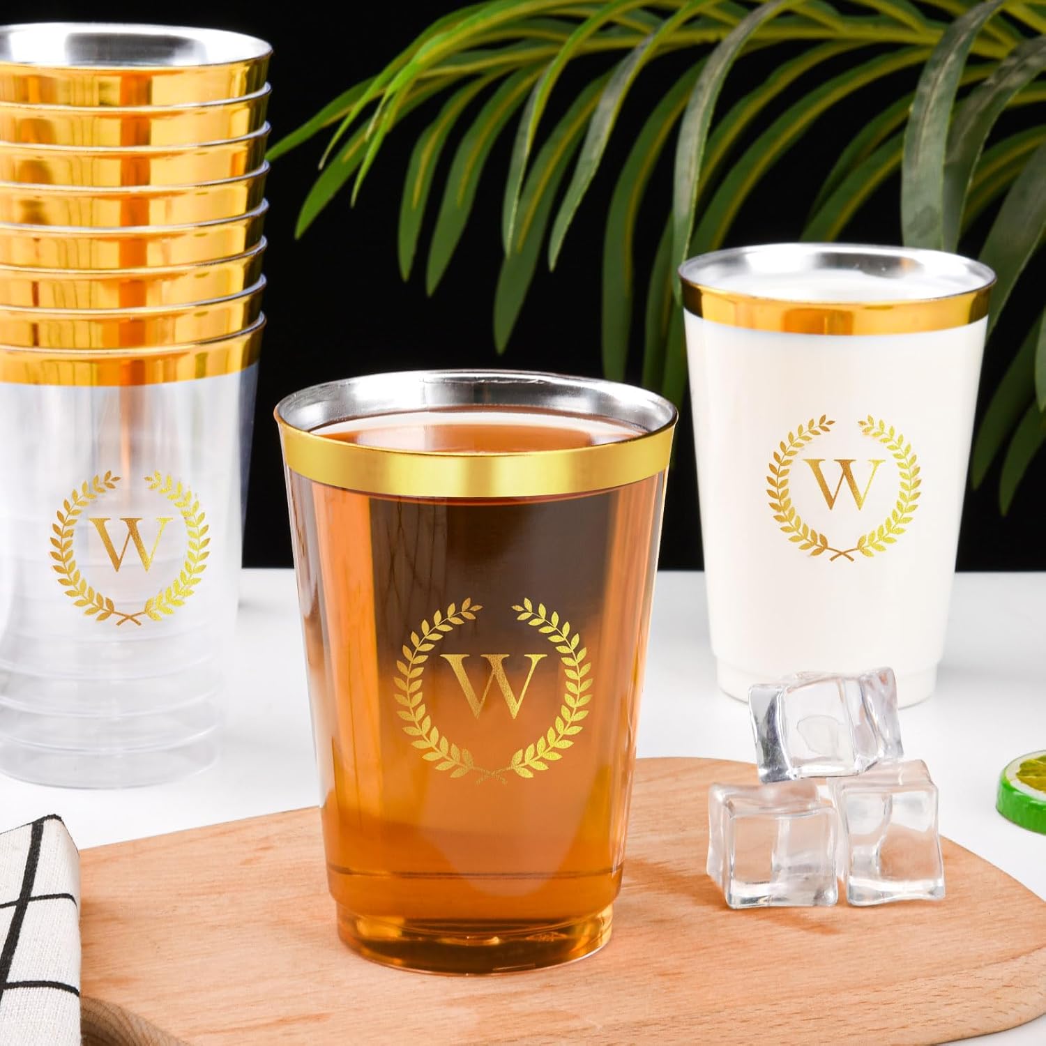 100 Pieces Monogrammed Plastic Cups Gold Foil Letter W Disposable Cups 12 oz Clear Initial Party Cups for Wedding Birthday Baby Shower Personalized Party Drinkware