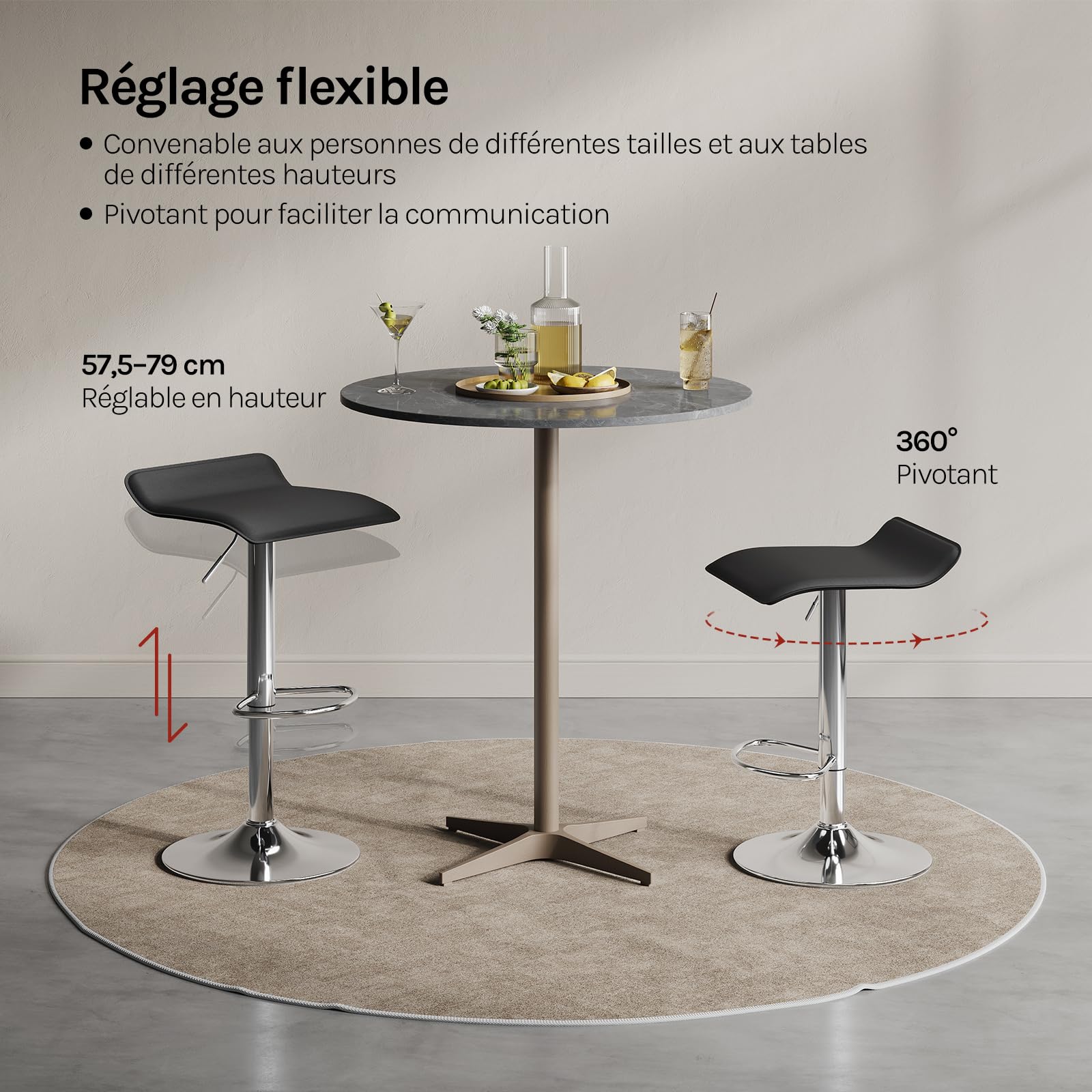 WOLTU Tabouret Bar, Hauteur Réglable, PVC+Métal, Noir+Argent | Chaise de bar, Siège pivotant à 360°, avec repose-pieds, pour Cuisine, Salle à Manger