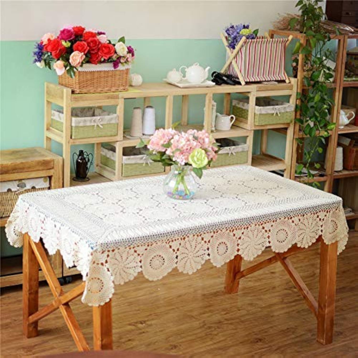 USTIDE Tischdecke mit Blumenmuster, Baumwolle, rechteckig, für Küche, Party, Hochzeit, 150 x 198 cm, Weiß