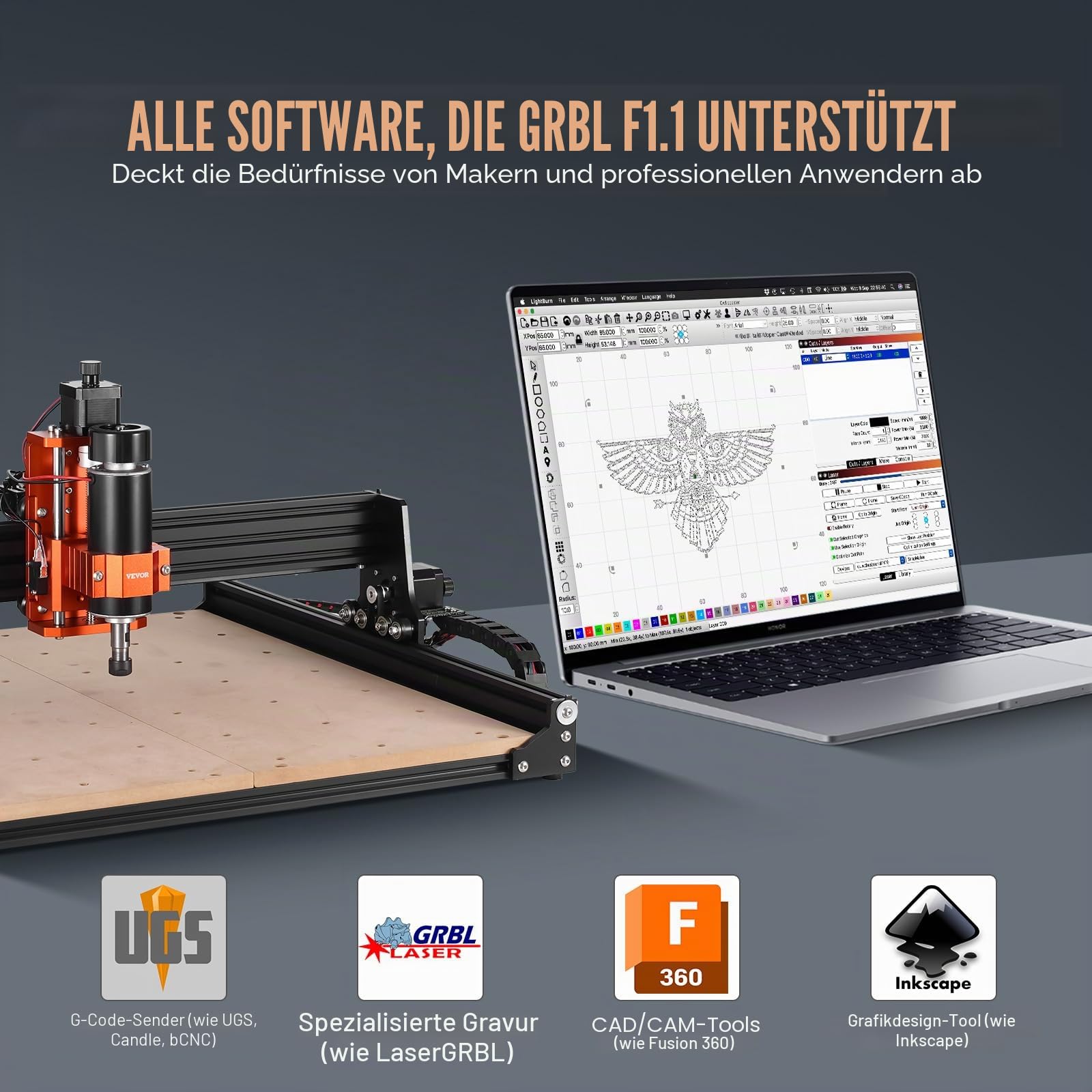 VEVOR CNC-Fräsmaschine, 300 W, Graviermaschine 3-Achsen-GRBL-Steuerung, Holzgravur-Schnitzfräsmaschinen-Kit, 400 x 400 x 60 mm Arbeitsbereich 1200 U/min für Holz, Acryl, MDF, PVC, Kunststoffschaum