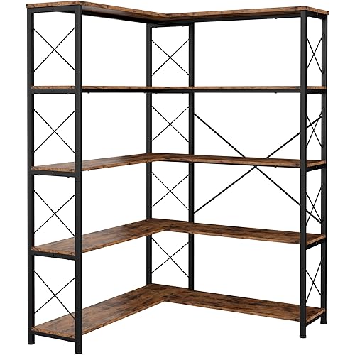 IRONCK 5-Shelf Corner Bookcase, Vintage Industrial Corner Bookshelf Etagere Bookcase, 5 Tiers Corner Shelf Storage Rack with Metal Frame for Living Room Home Office