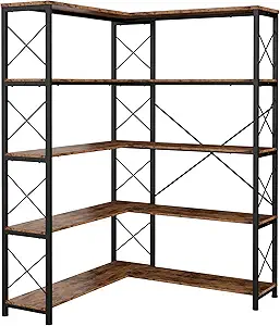 IRONCK 5-Shelf Corner Bookcase, Vintage Industrial Corner Bookshelf Etagere Bookcase, 5 Tiers Corner Shelf Storage Rack with Metal Frame for Living Room Home Office
