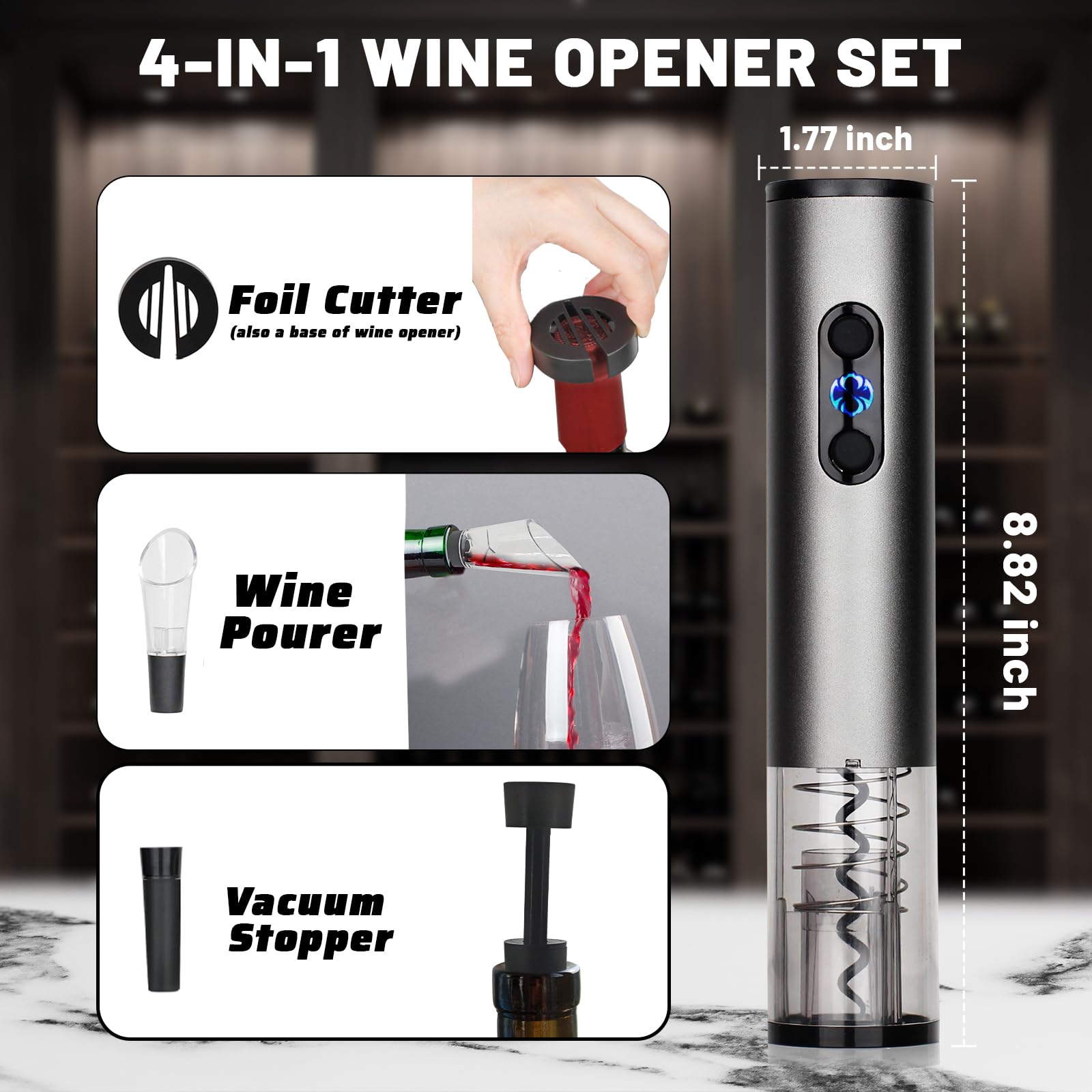 Juego de abridor de vino eléctrico, sacacorchos de vino automático recargable con cortador de papel de aluminio, tapón al vacío, vertido de vino para bodas, fiestas, regalos en el hogar (plateado) 5