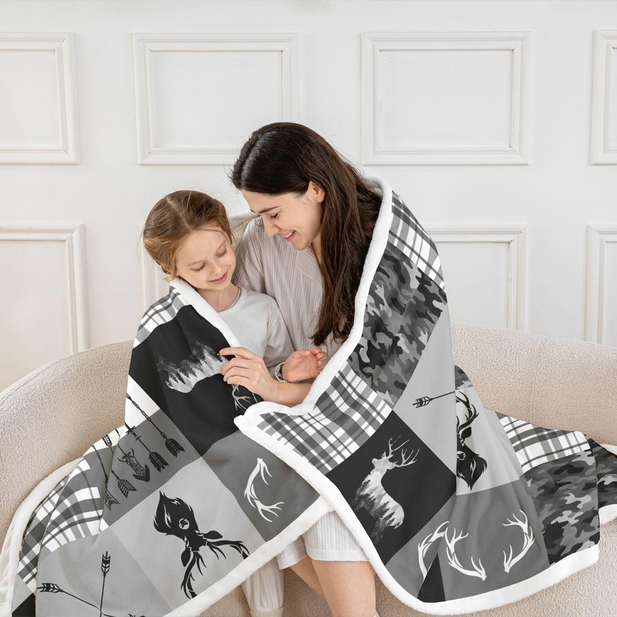 Feelyou Black White Camo Sherpa Blanket Plush Fuzzy Deer Hunting Fleece Throw Blanket Boys Girls Camouflage for Bed Couch Chair Living Room Antlers Bedroom Decor Twin 60"x80" - Image 5