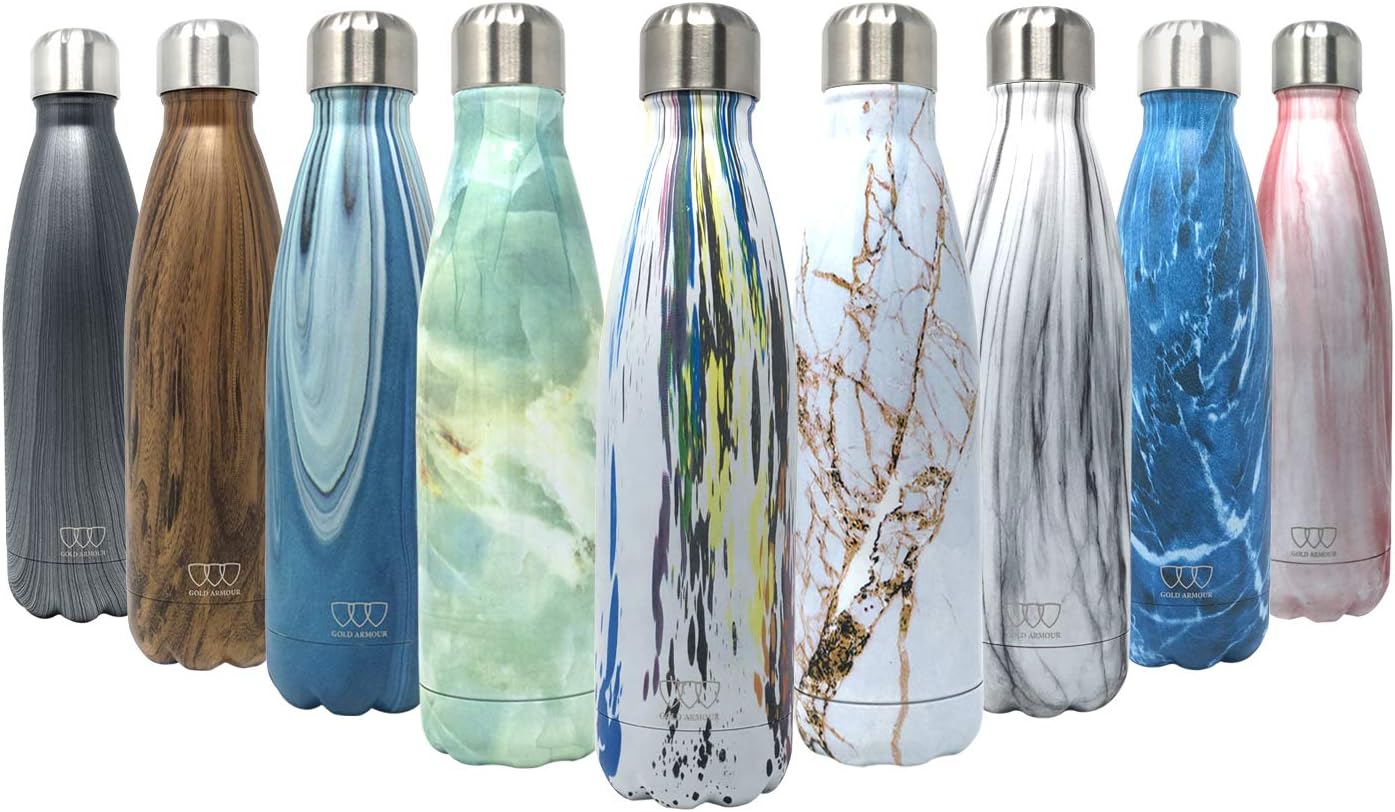 Gold Armour 17oz Stainless Steel Vacuum Insulated Water Bottle, Leak Proof Double Walled Cola Shape Bottle, Keeps Drinks Cold for 24 Hours and Hot for 10 Hours (Pattern: Pollock, 17oz)